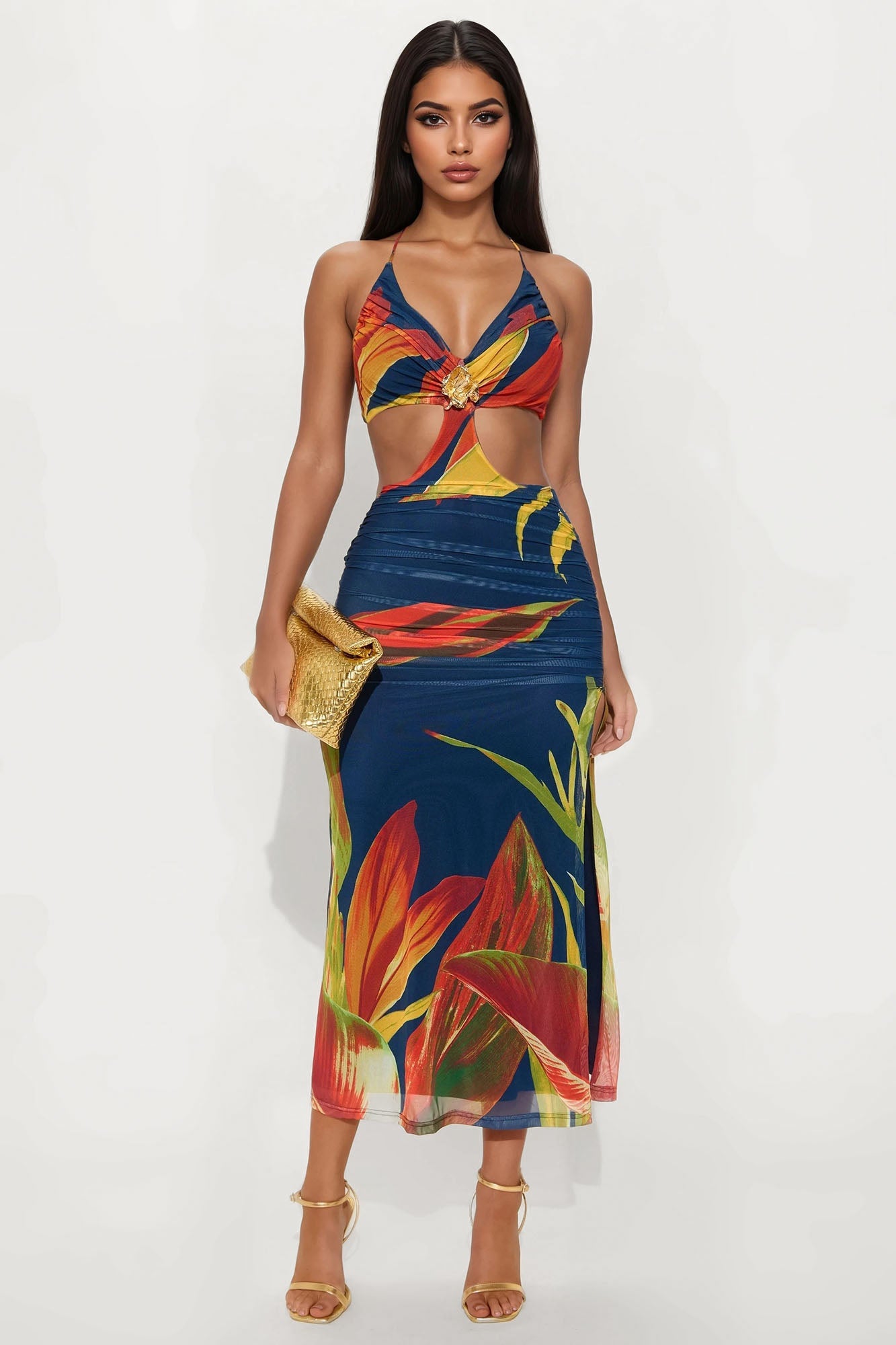 In The Tropics Mesh Maxi Dress - Navy/combo