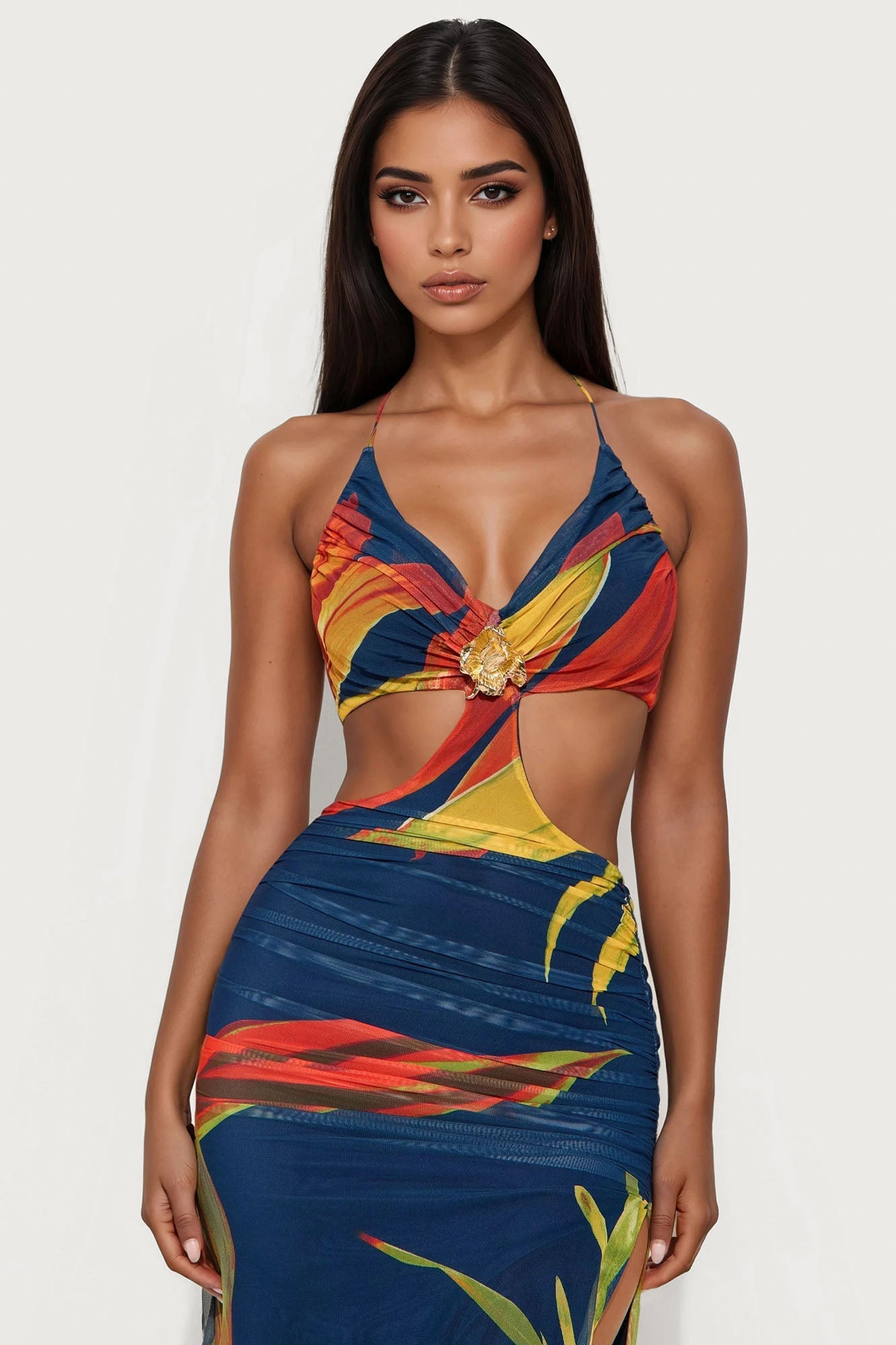 In The Tropics Mesh Maxi Dress - Navy/combo