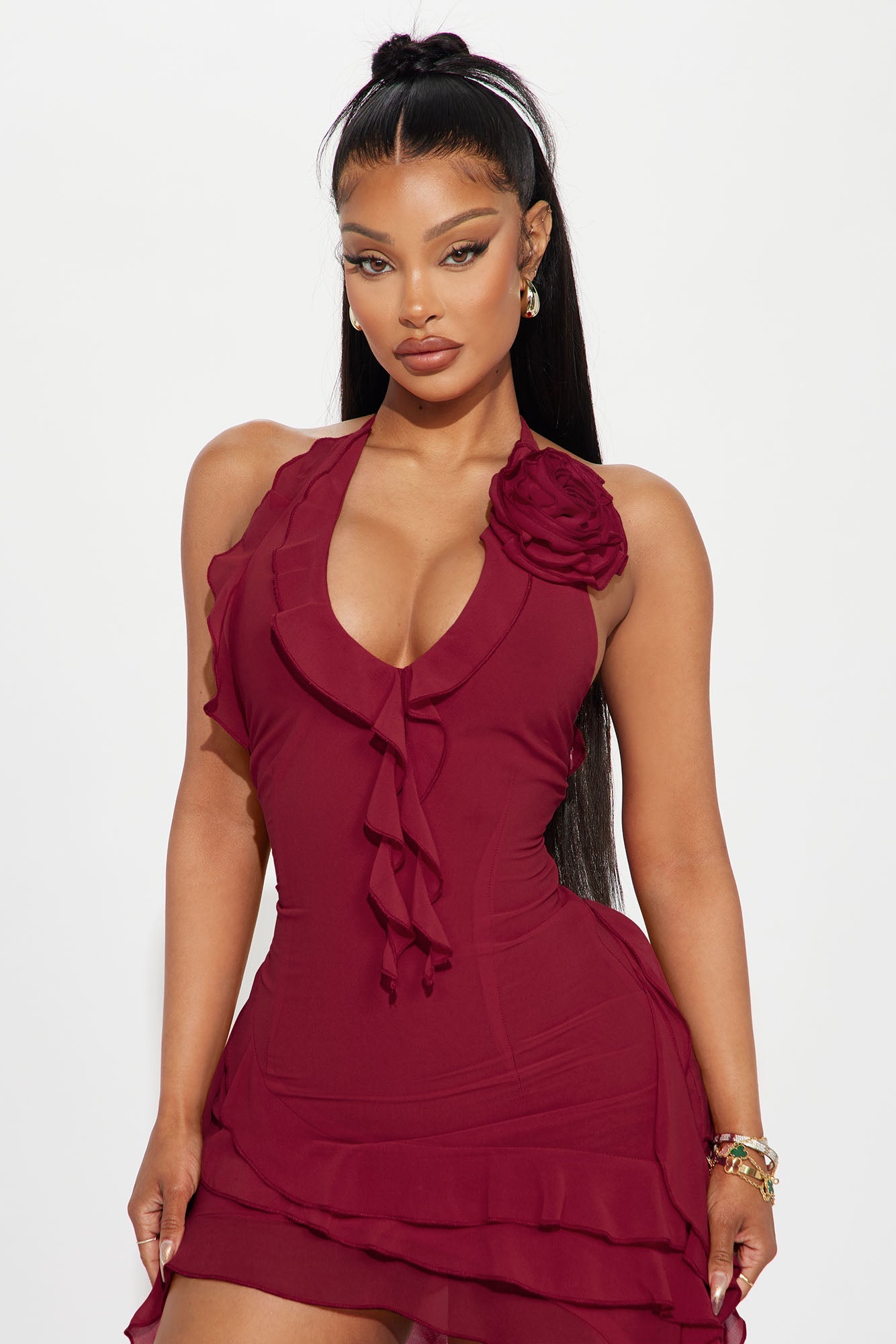 Ruffles and Roses Mini Dress - Wine