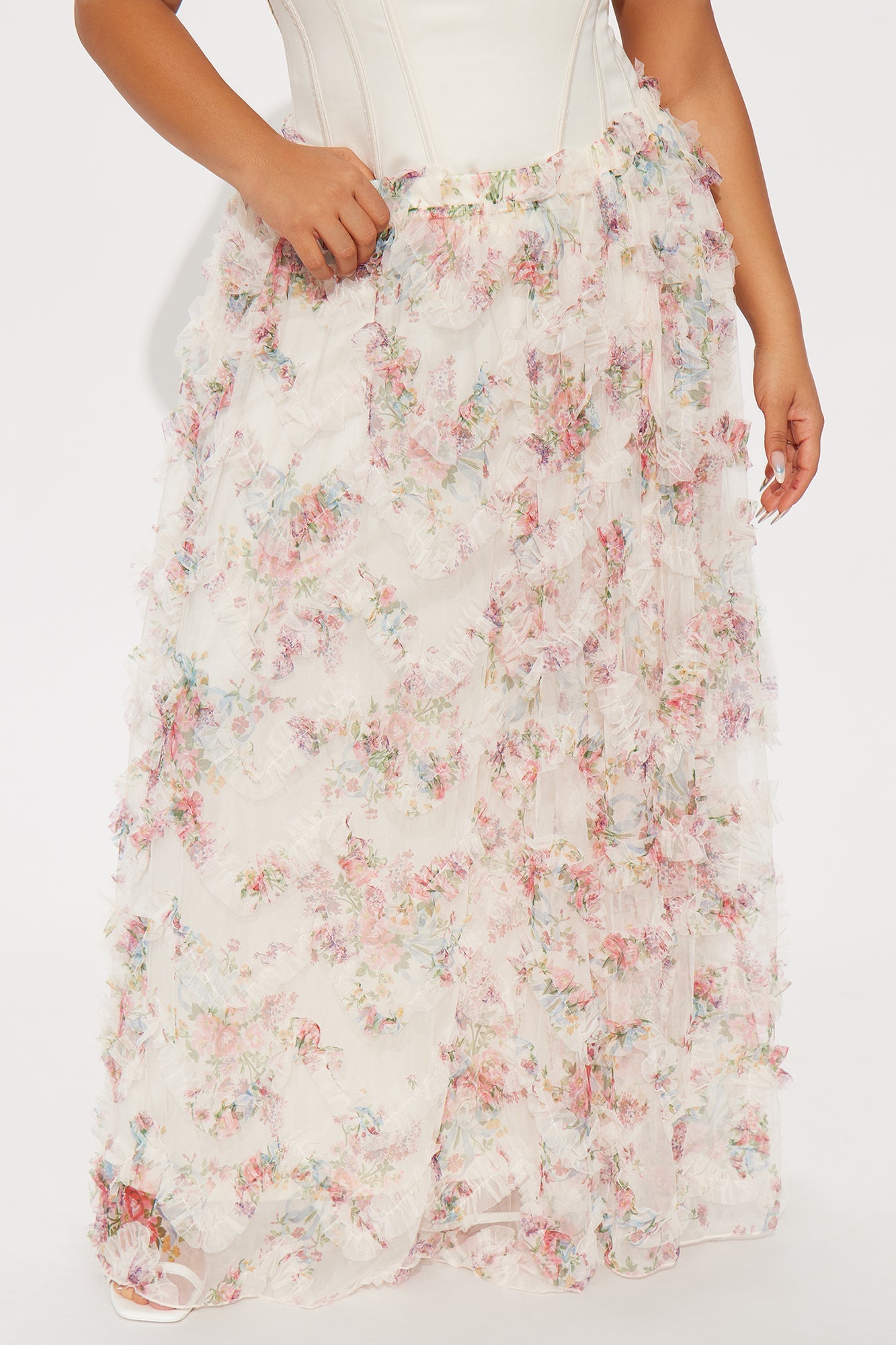 Giselle Mesh Floral Print Maxi Skirt - Blush