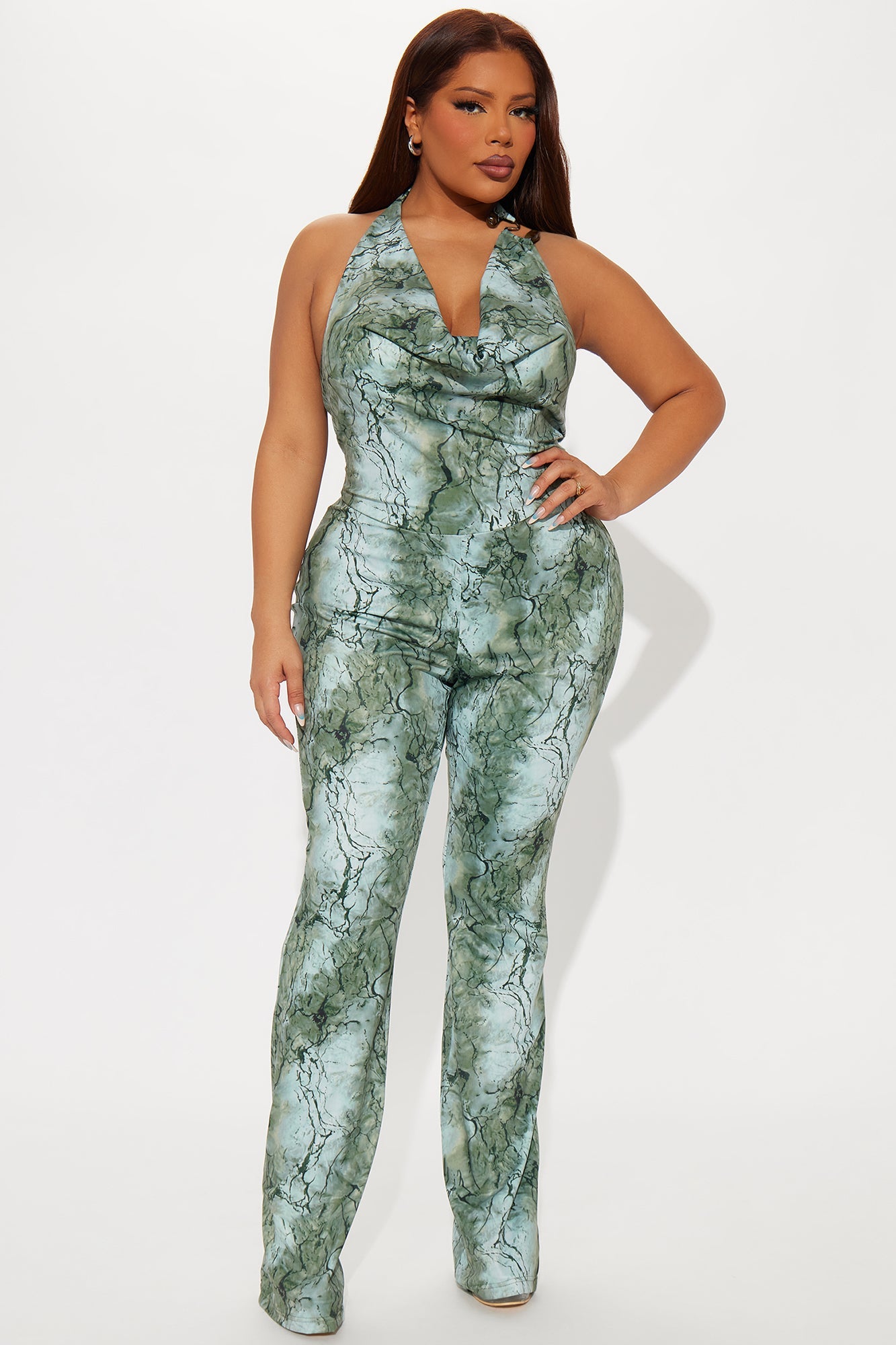 Giving Hints Halter Jumpsuit - Sage/combo