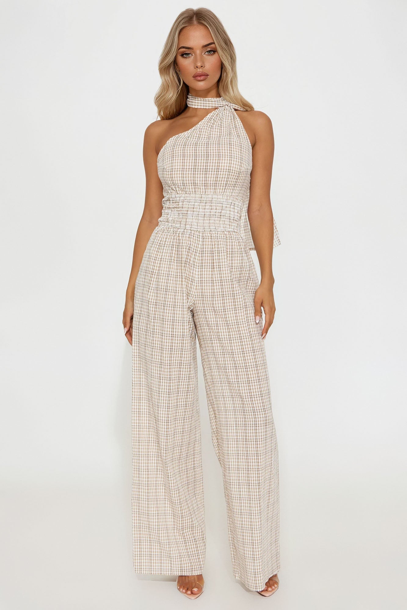 Not Playing Around Plaid Halter Jumpsuit - Brown/combo