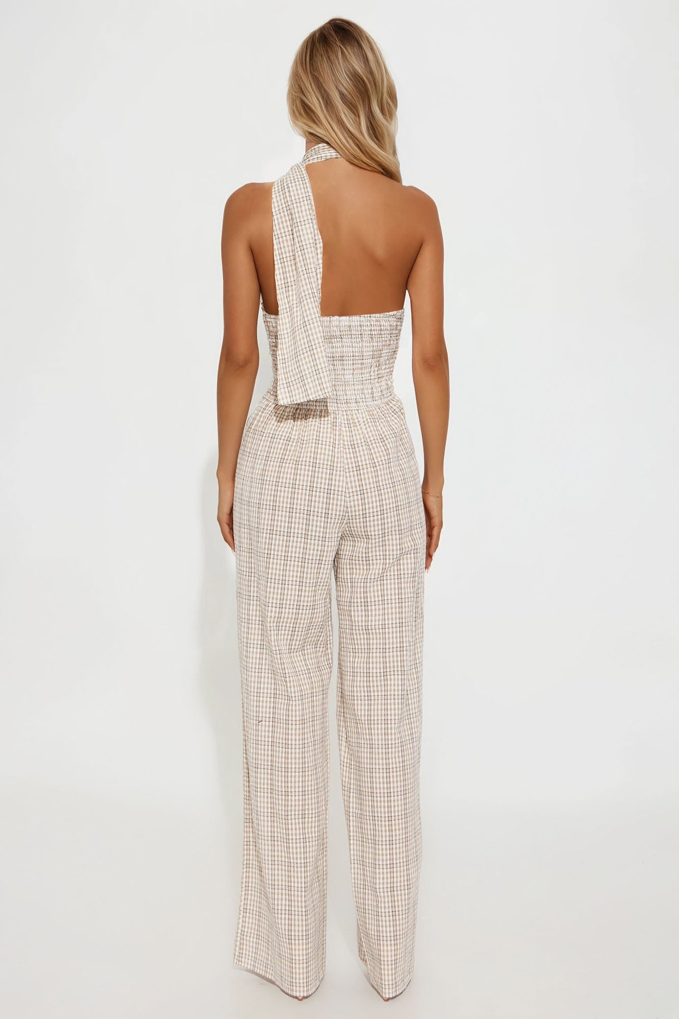 Not Playing Around Plaid Halter Jumpsuit - Brown/combo