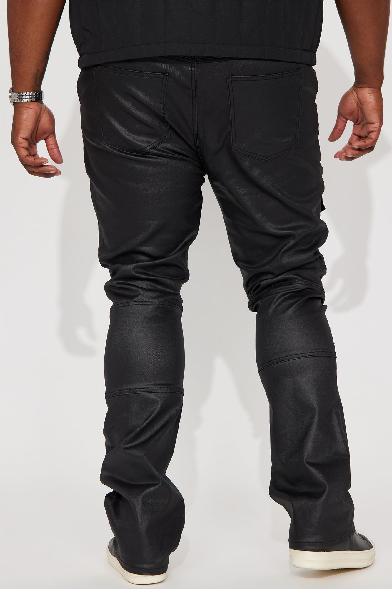 Beg For Me Coated Stacked Skinny Flare Pants - Black
