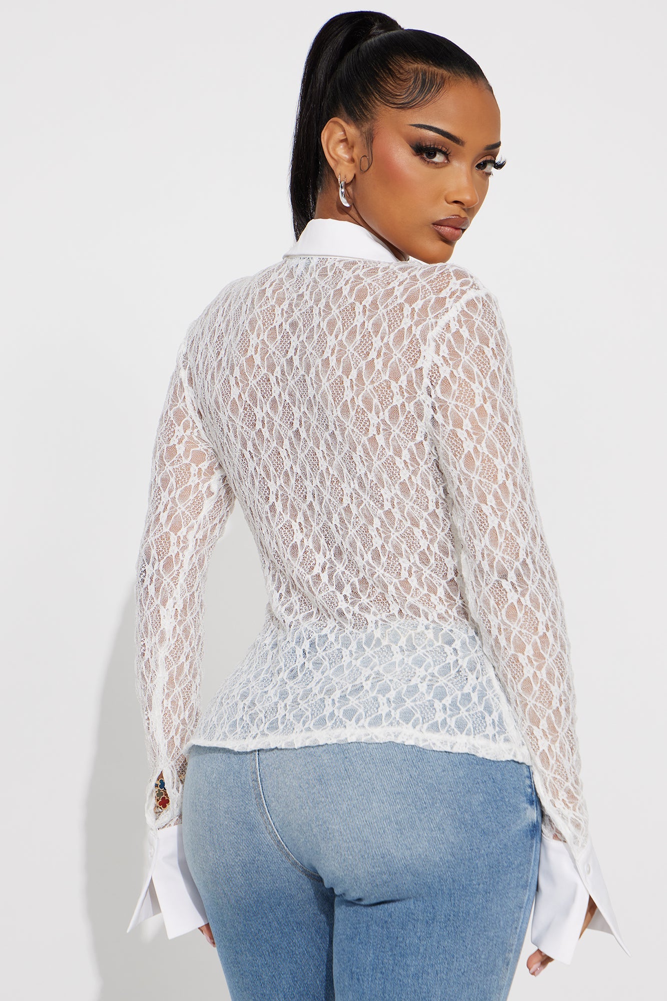 Smitten Lace Long Sleeve Button Up Shirt - White