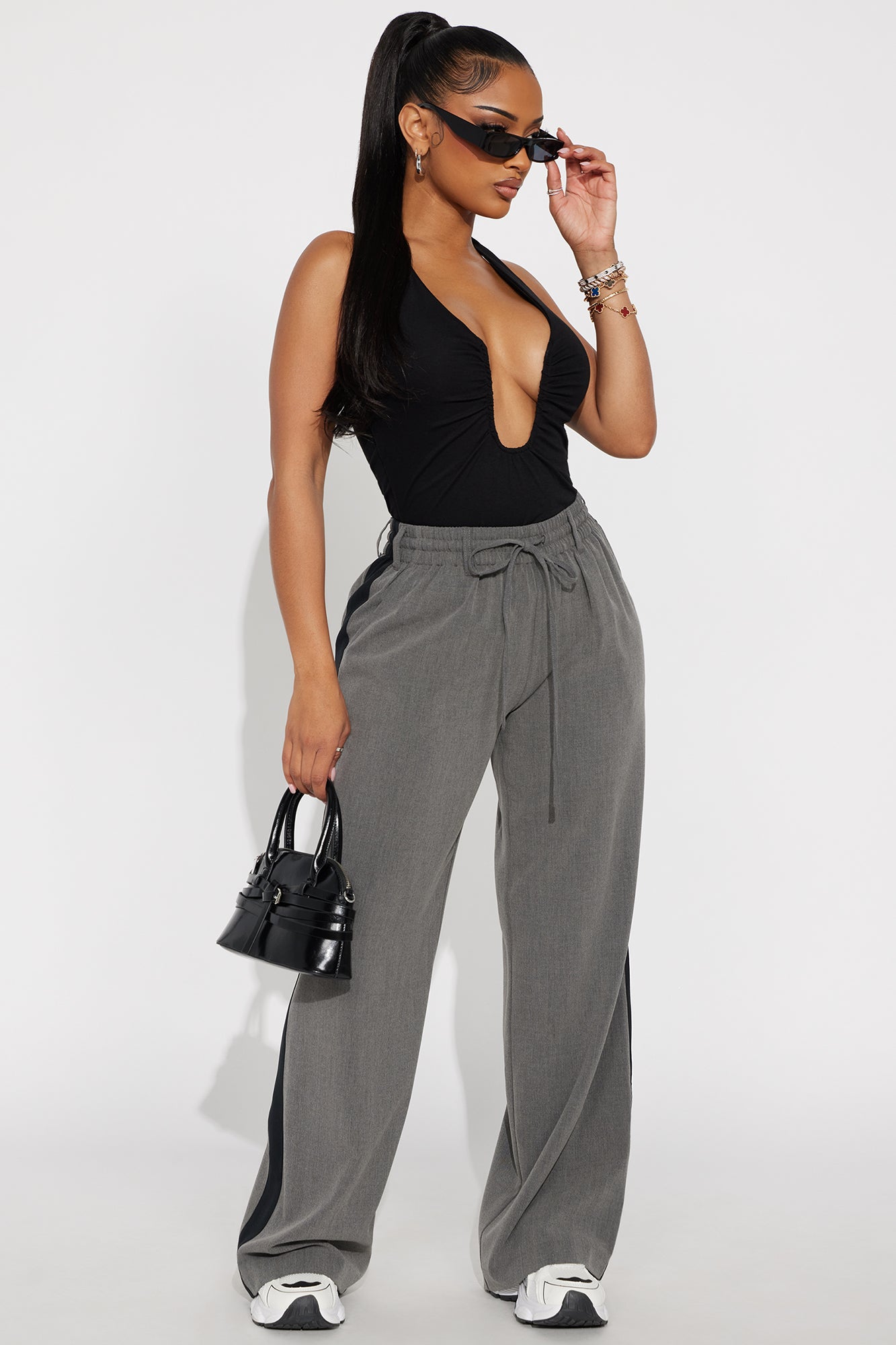 On Track Wide Leg Woven Side Stripe Pants - Charcoal