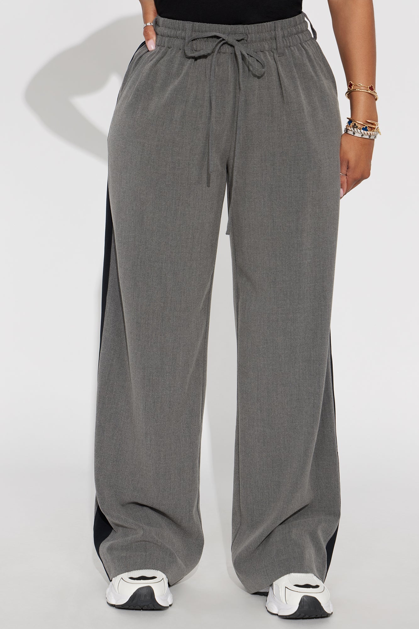 On Track Wide Leg Woven Side Stripe Pants - Charcoal