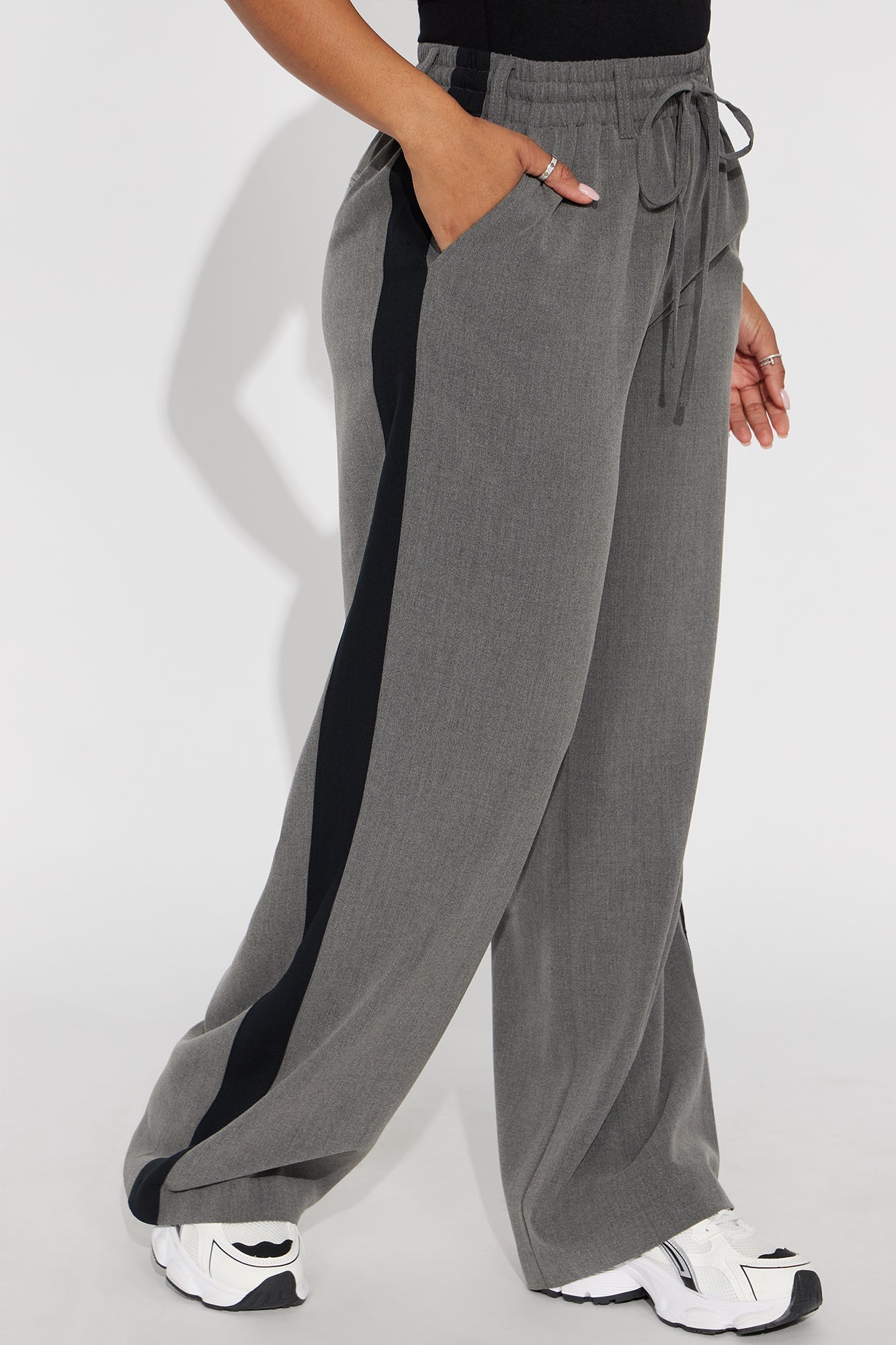 On Track Wide Leg Woven Side Stripe Pants - Charcoal