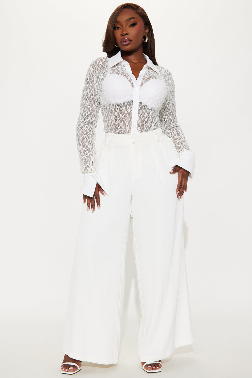 Smitten Lace Long Sleeve Button Up Shirt - White