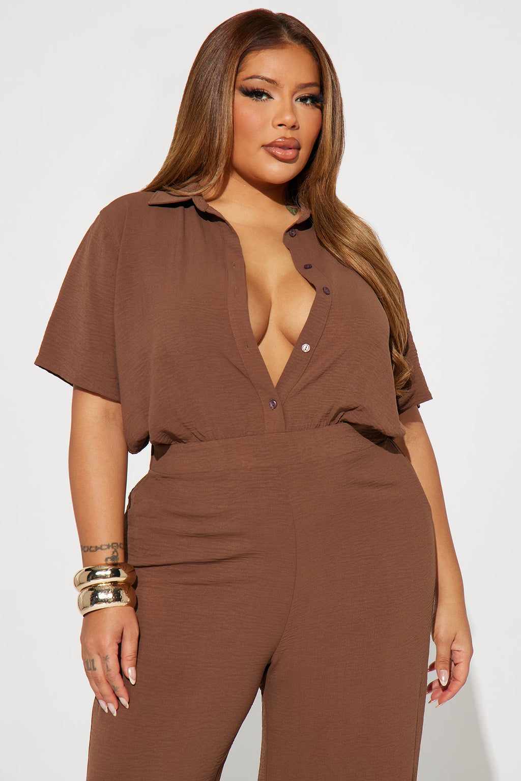 Makenzie Short Sleeve Jumpsuit - Chocolate
