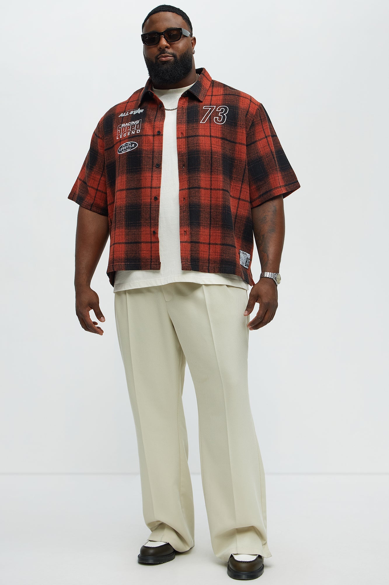 All Star Plaid Button Down Cropped Short Sleeve Shirt - Orange/combo