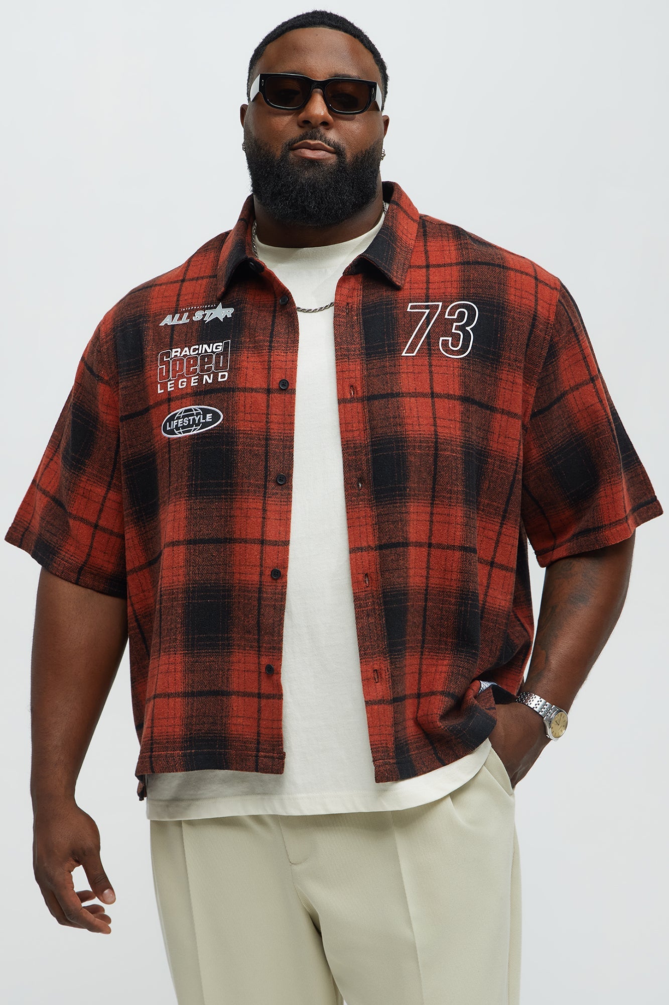 All Star Plaid Button Down Cropped Short Sleeve Shirt - Orange/combo