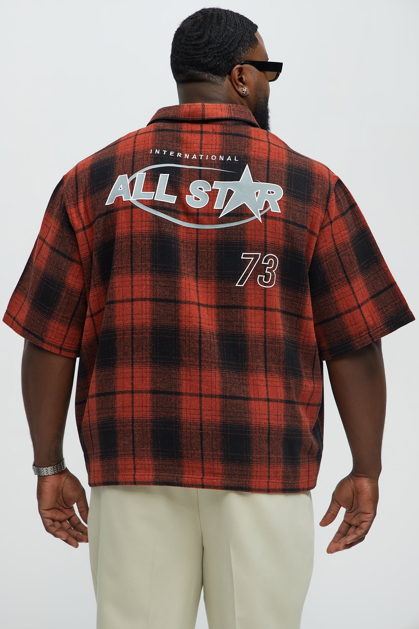 All Star Plaid Button Down Cropped Short Sleeve Shirt - Orange/combo