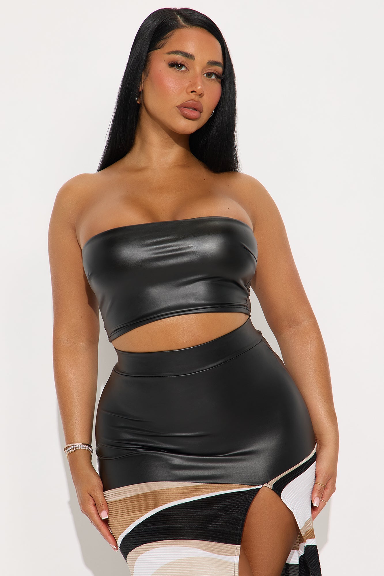 Cristy Faux Leather Maxi Skirt Set - Black/combo