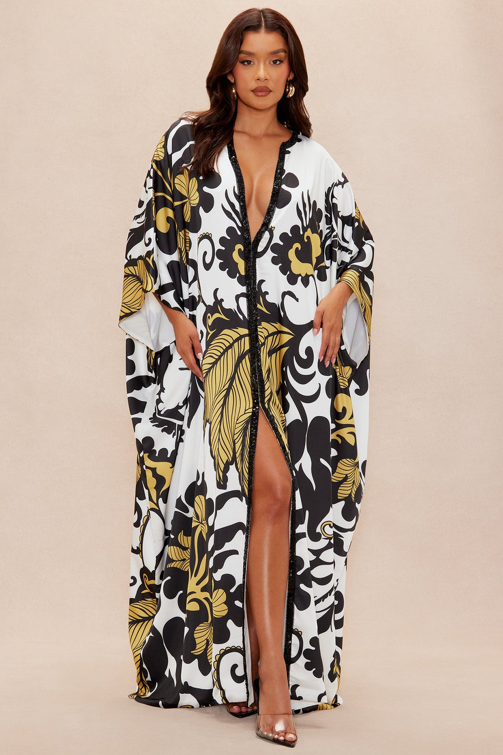 Adima Embellished Satin Kaftan - Gold/combo