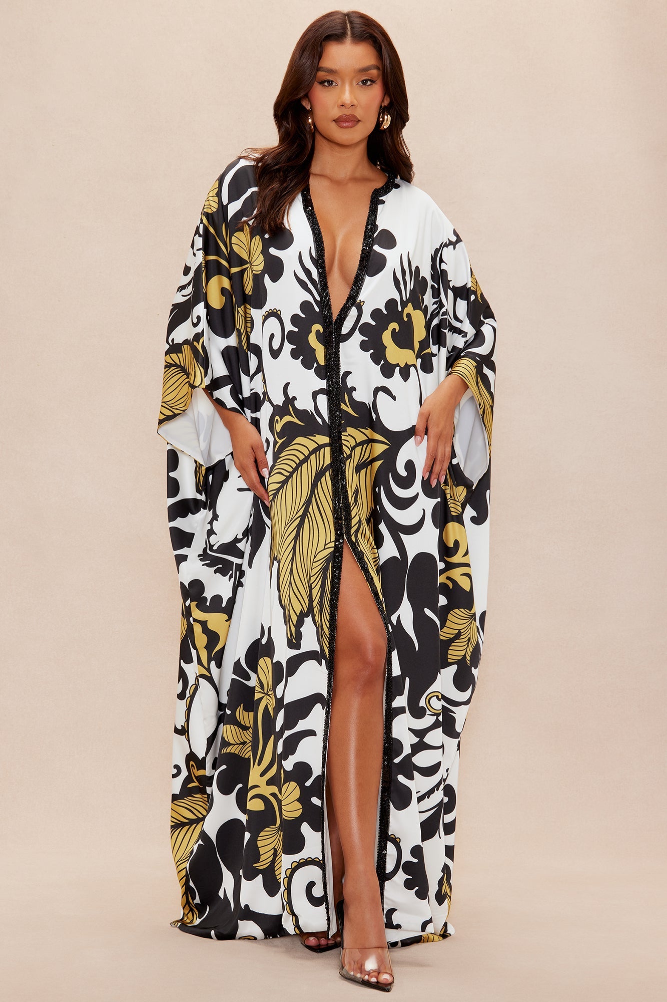 Adima Embellished Satin Kaftan - Gold/combo