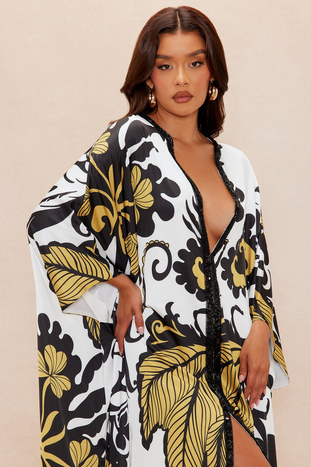 Adima Embellished Satin Kaftan - Gold/combo