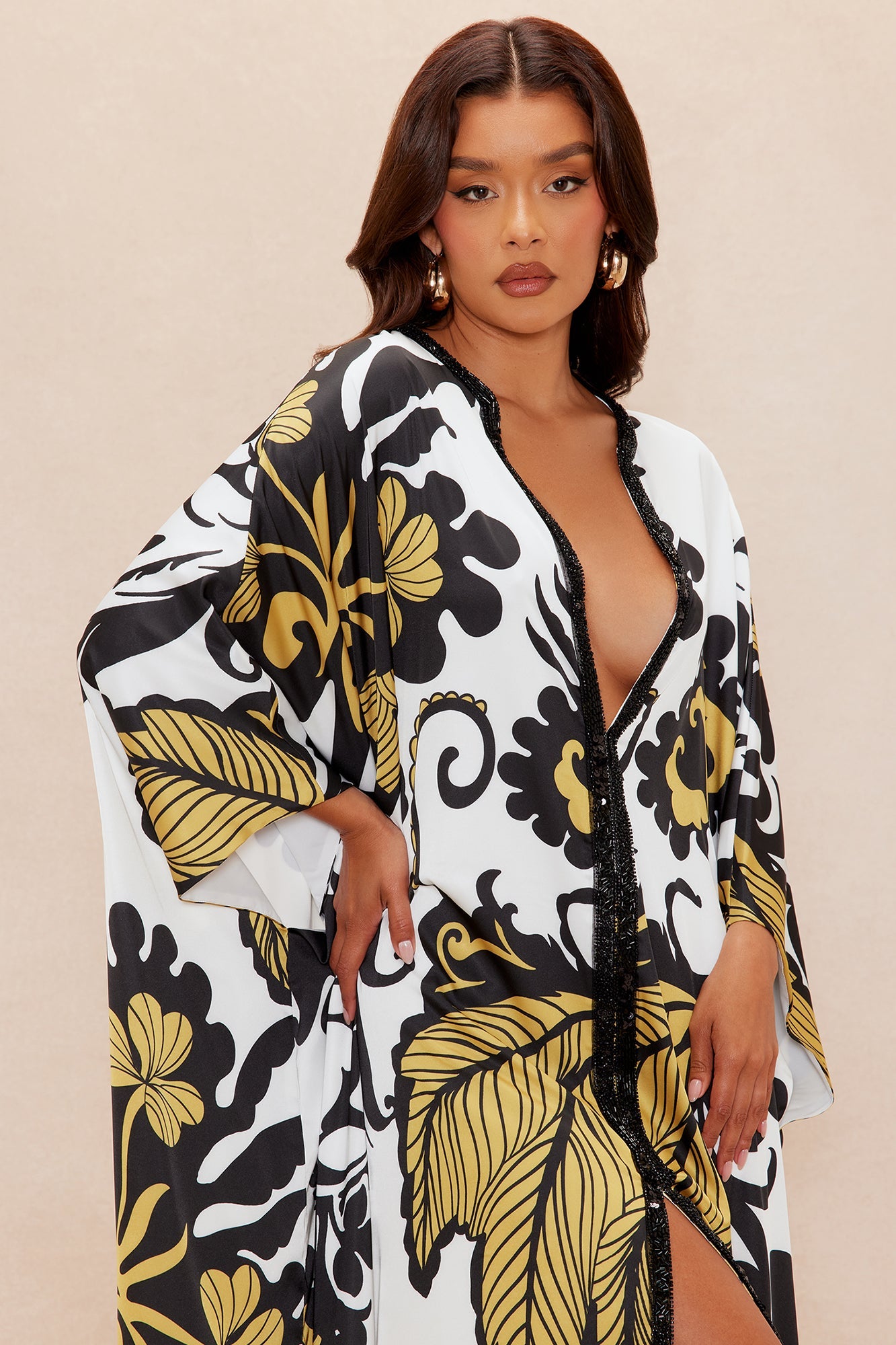 Adima Embellished Satin Kaftan - Gold/combo