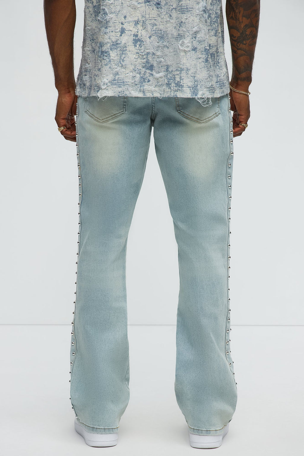 Stacked Slim Flare Stud On The Side Jeans - Light Wash