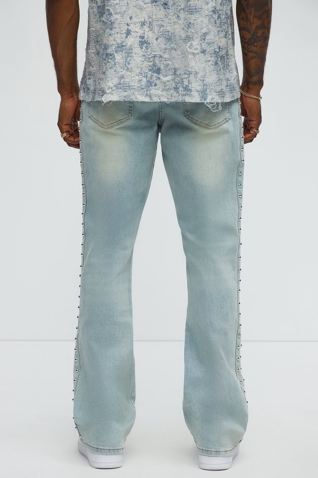 Stacked Slim Flare Stud On The Side Jeans - Light Wash