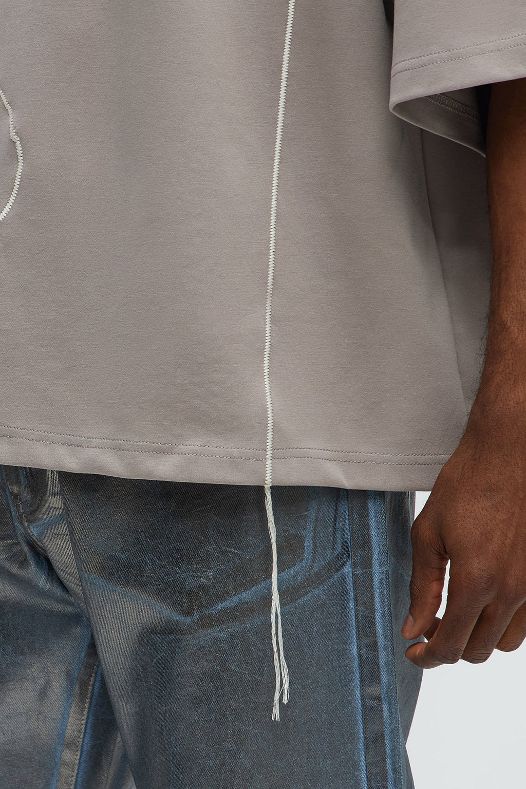 Vertical Wavy Contrast Stitch Boxy Cropped Tee - Taupe