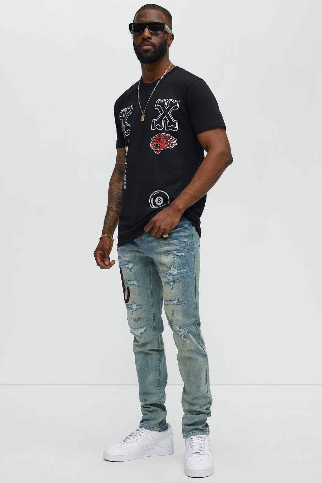 Side Snake Rip And Repair Stacked Skinny Jeans - Vintage Blue Wash