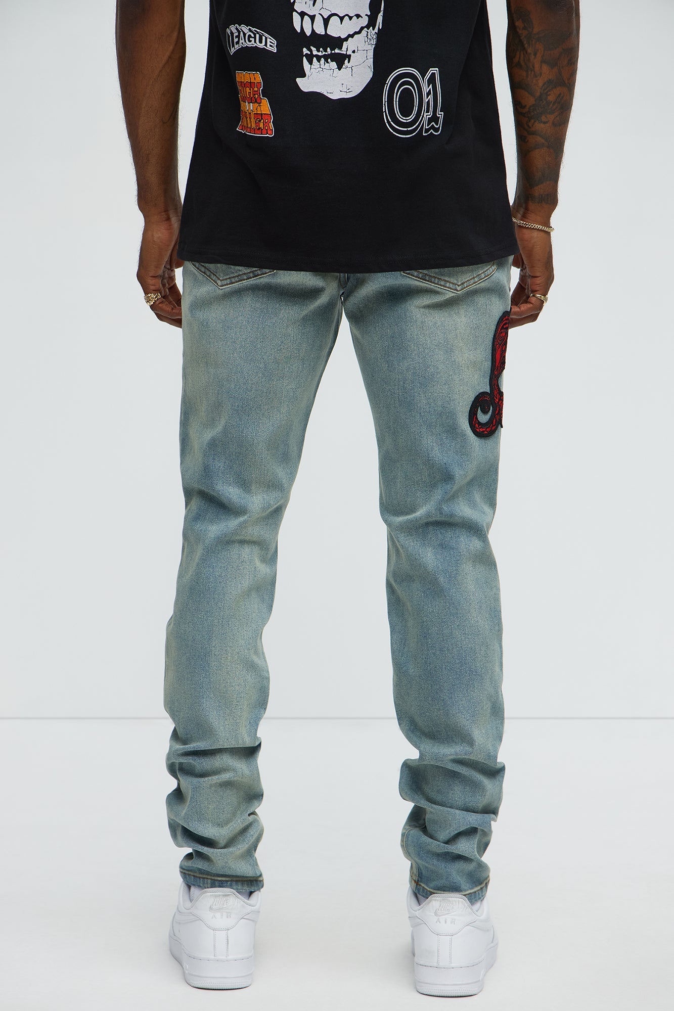 Side Snake Rip And Repair Stacked Skinny Jeans - Vintage Blue Wash
