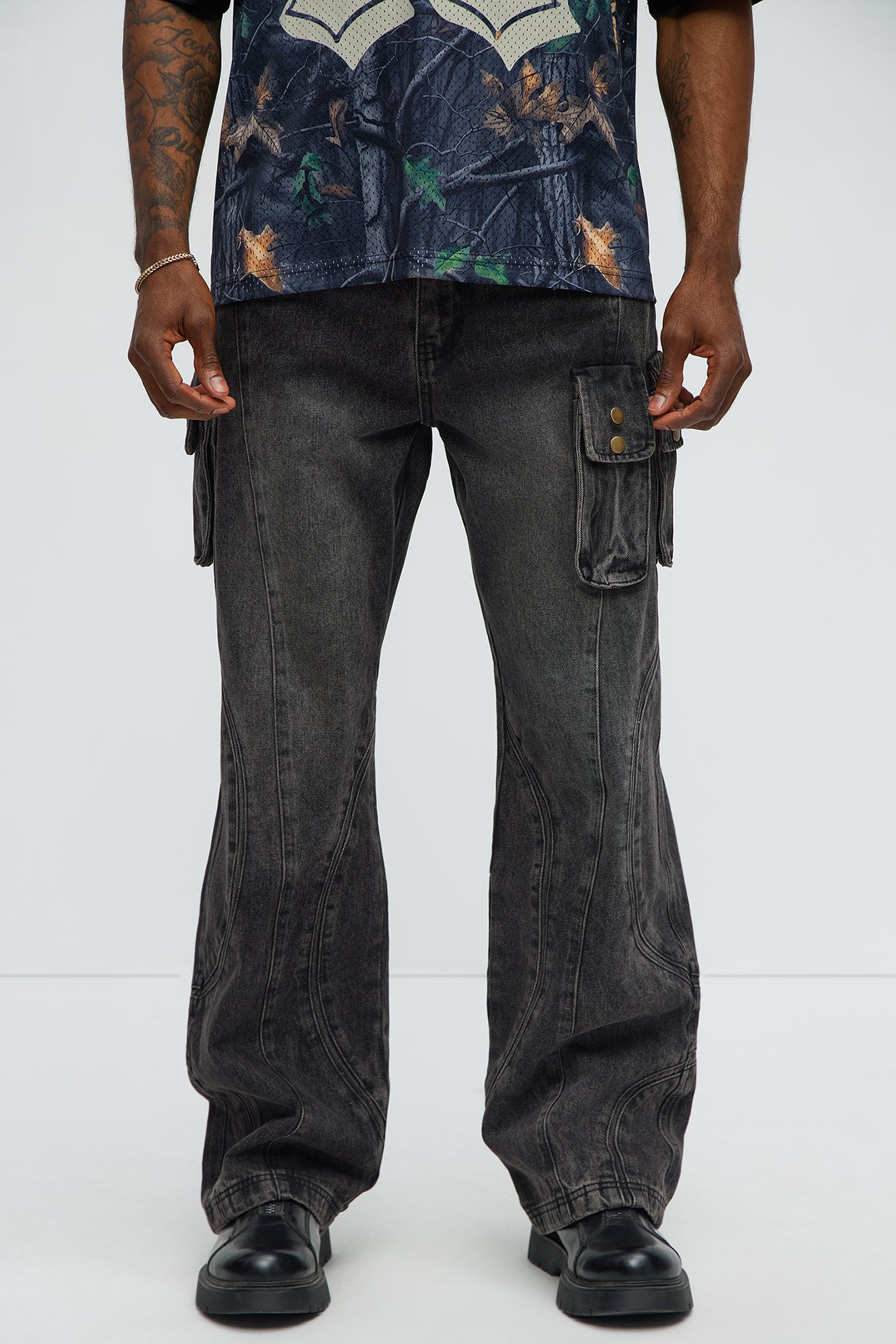 Time To Go Paneled Baggy Jeans - Black Wash