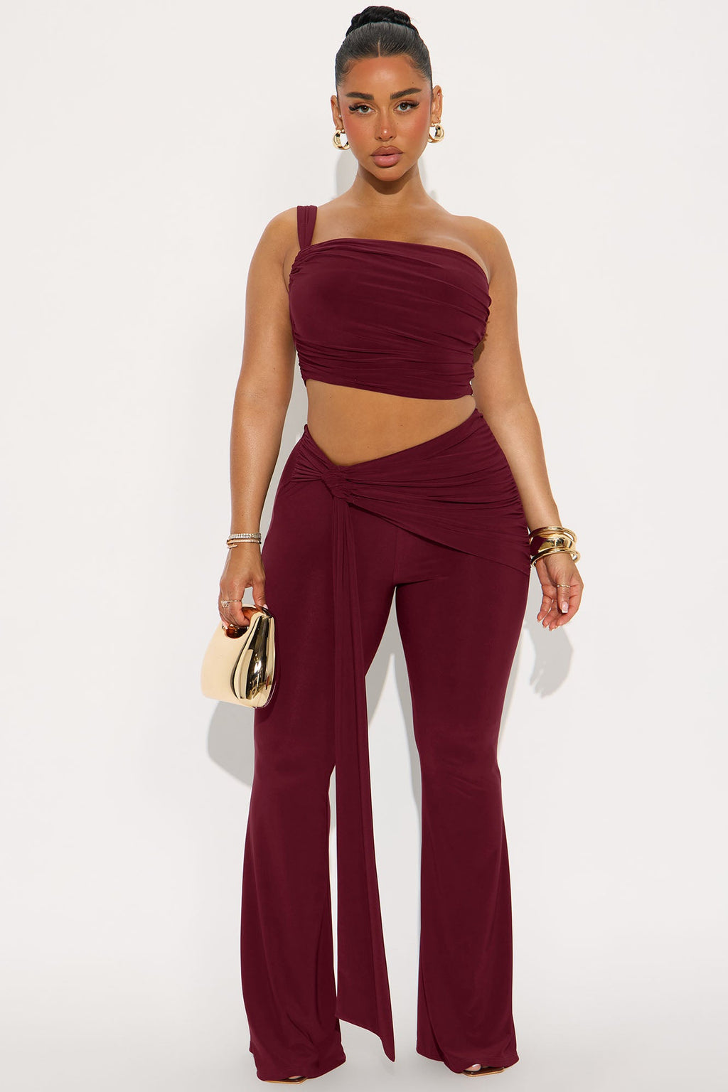 Kairo Ruched Flare Pant Set - Burgundy