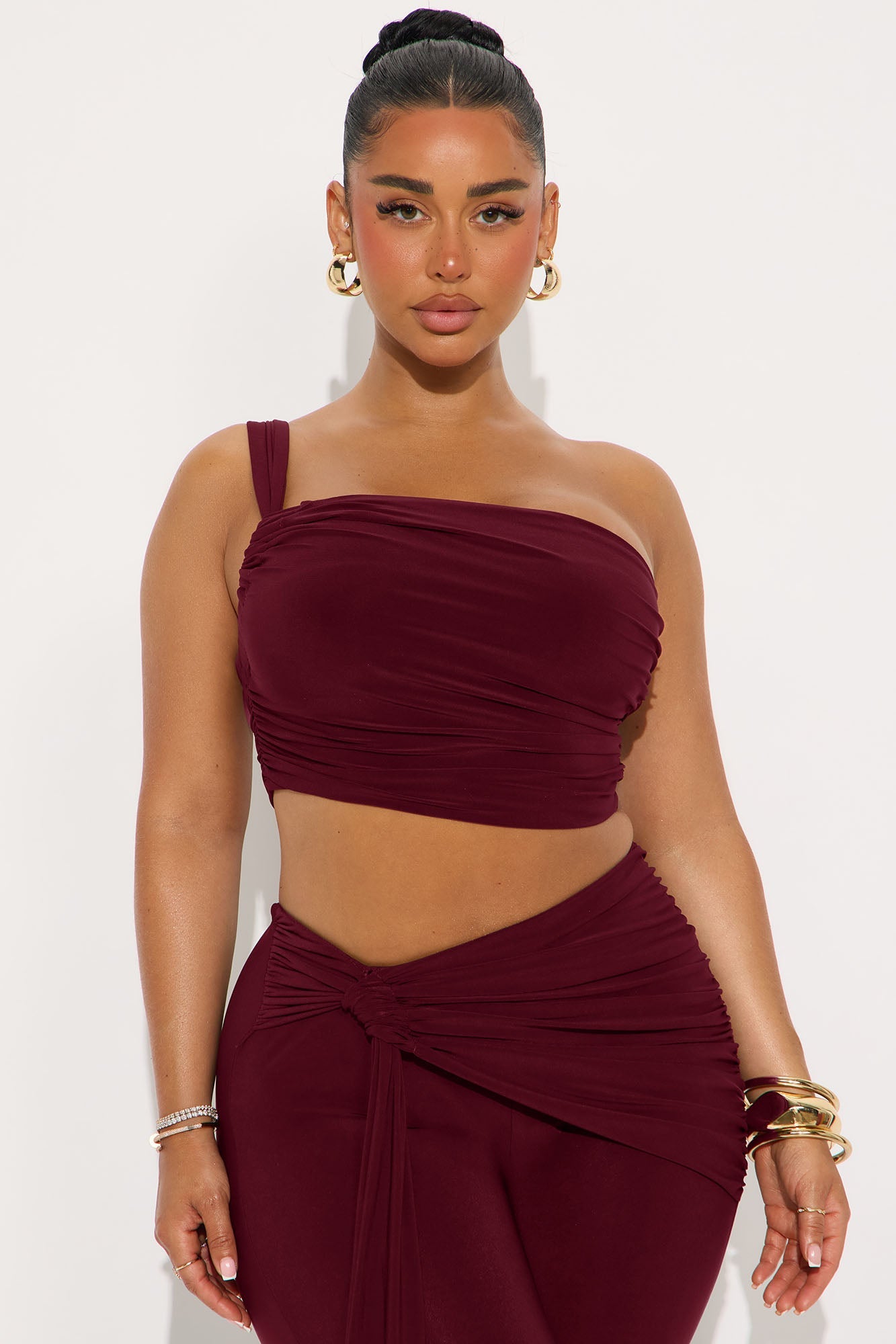Kairo Ruched Flare Pant Set - Burgundy