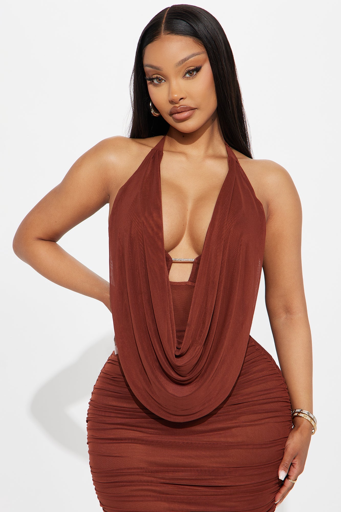 Julia Ruched Mesh Maxi Dress - Brown