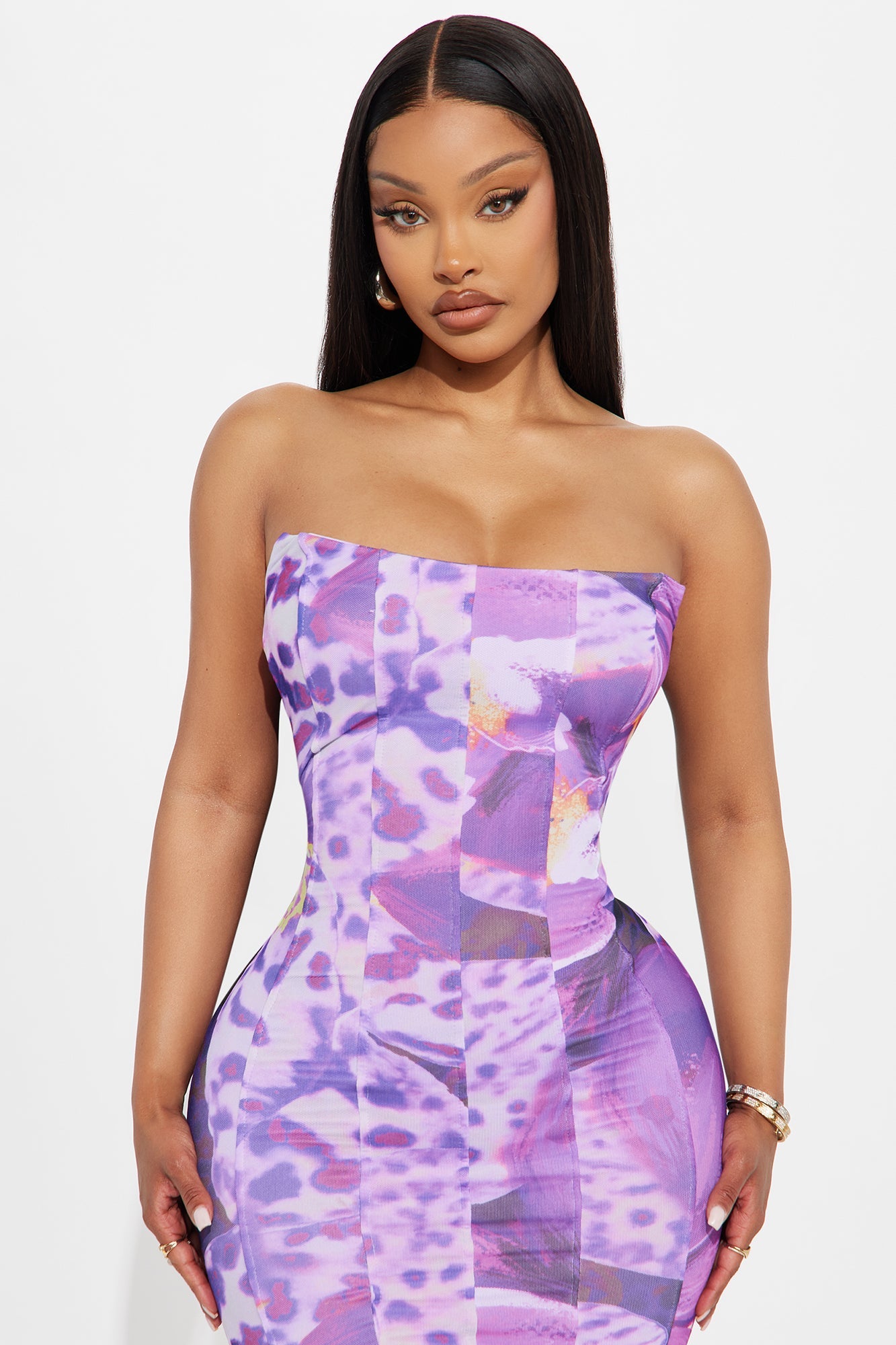 Leona Floral Mesh Midi Dress - Purple/combo