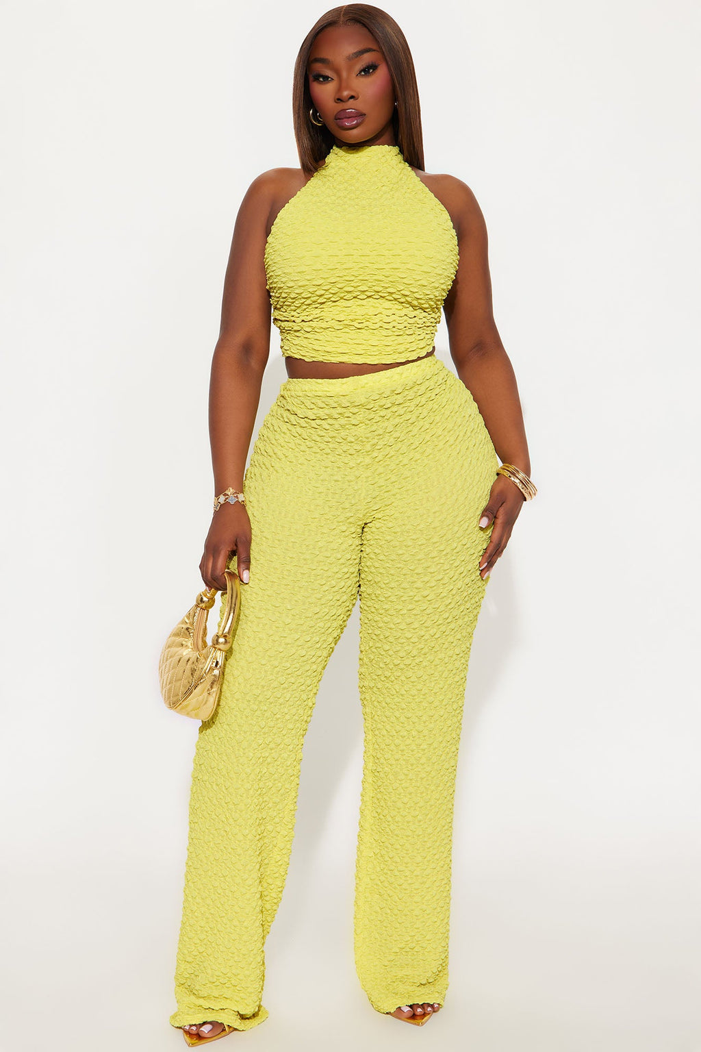 Alana Textured Halter Pant Set - Chartreuse