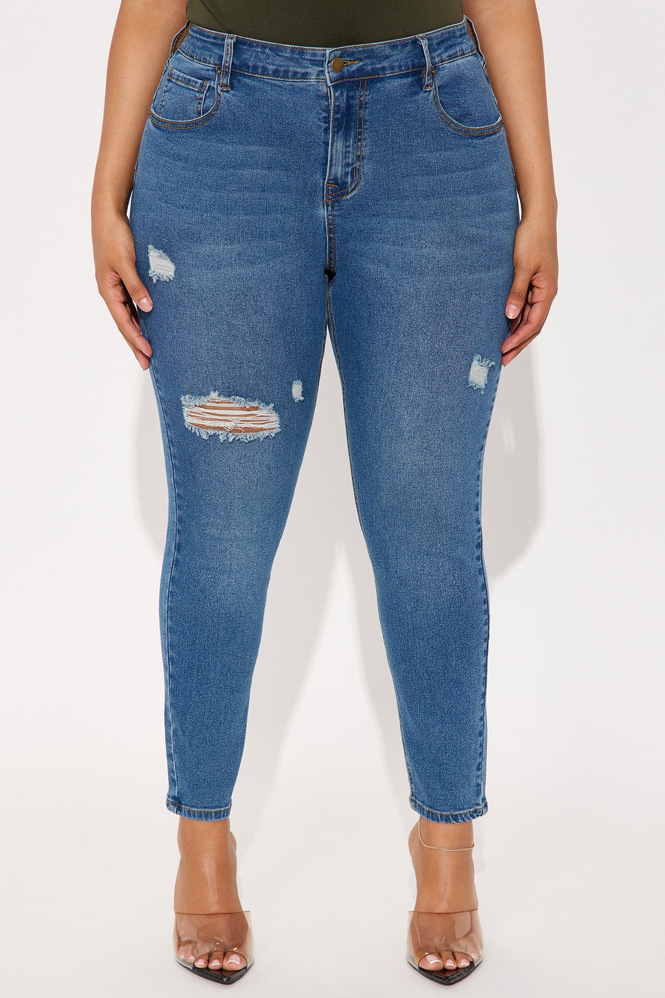 Vibe Check Curvy Stretch Ripped Skinny Jeans - Medium Wash