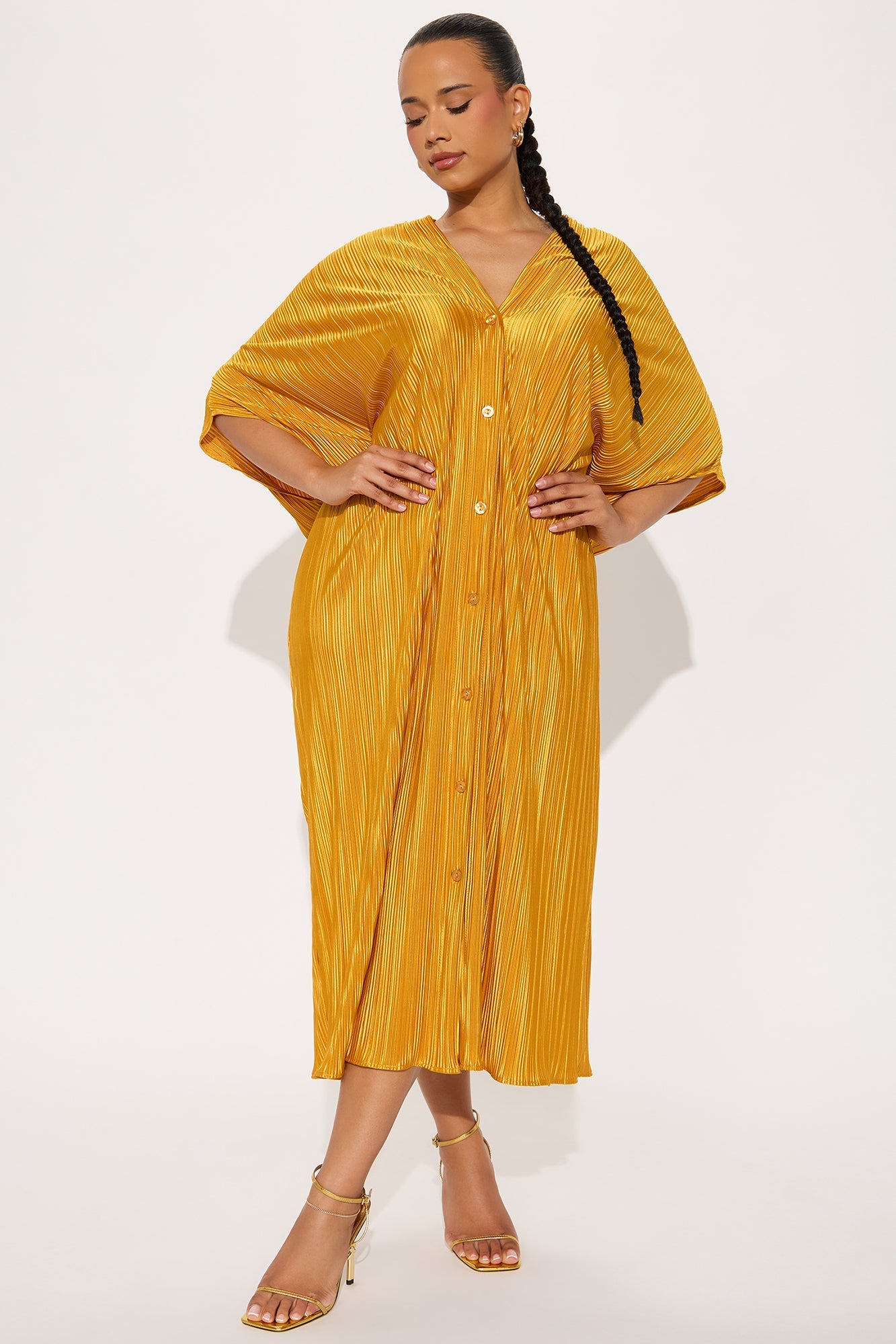 Isa Plisse Maxi Shirt Dress - Mustard