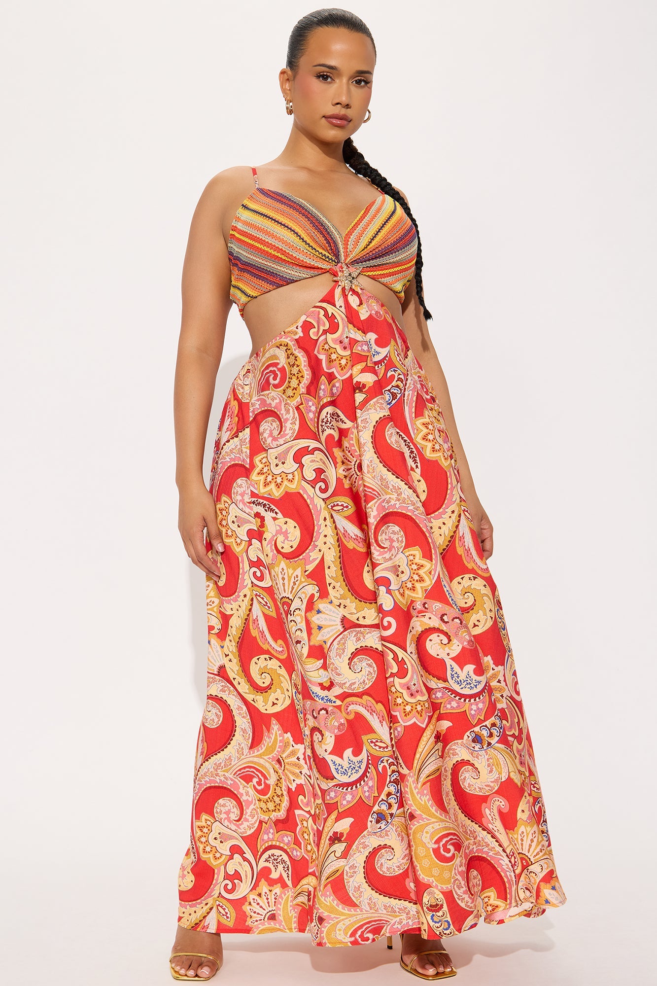 Valerie Cut Out Satin Maxi Dress - Tomato Red/combo