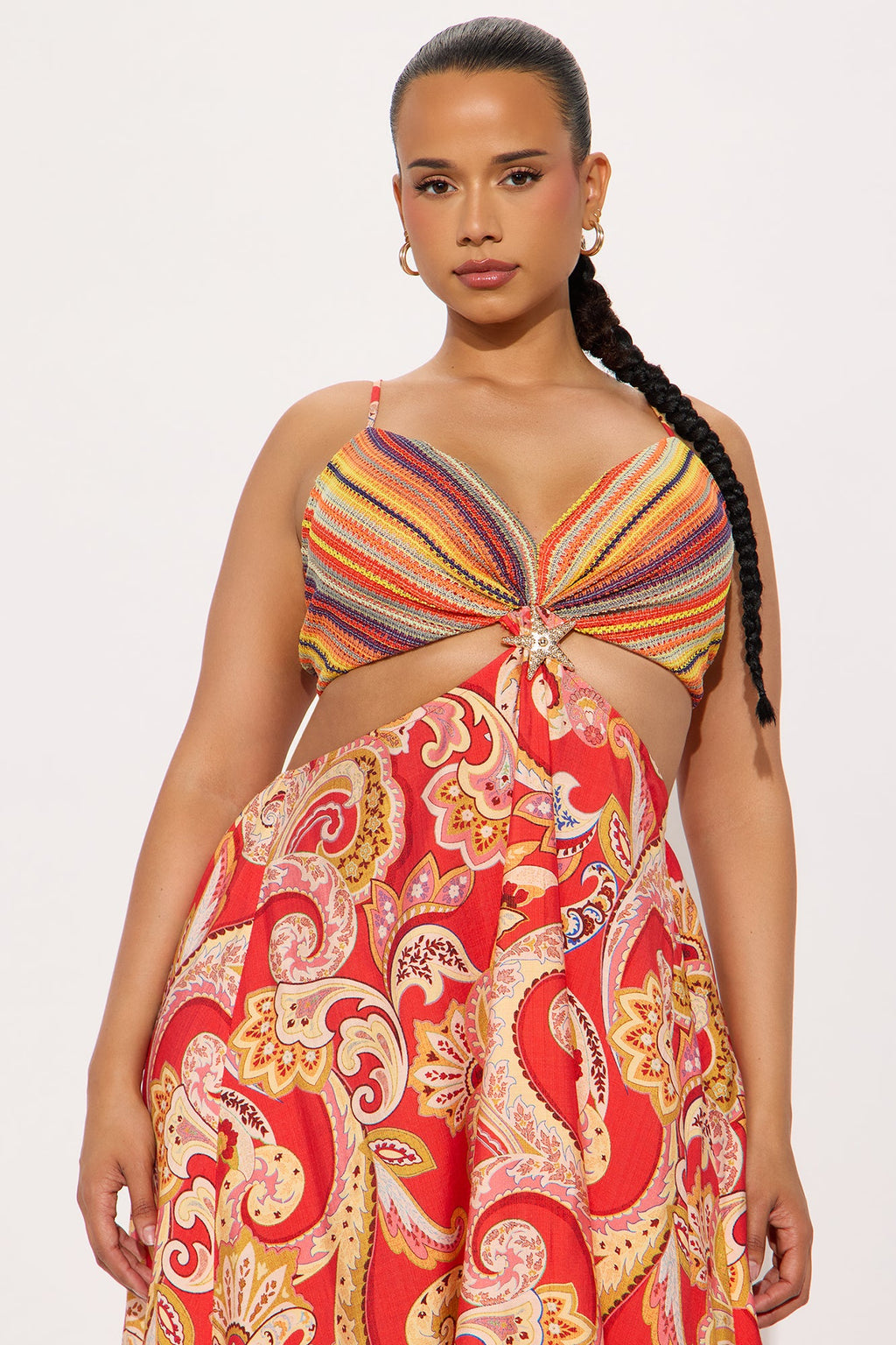 Valerie Cut Out Satin Maxi Dress - Tomato Red/combo