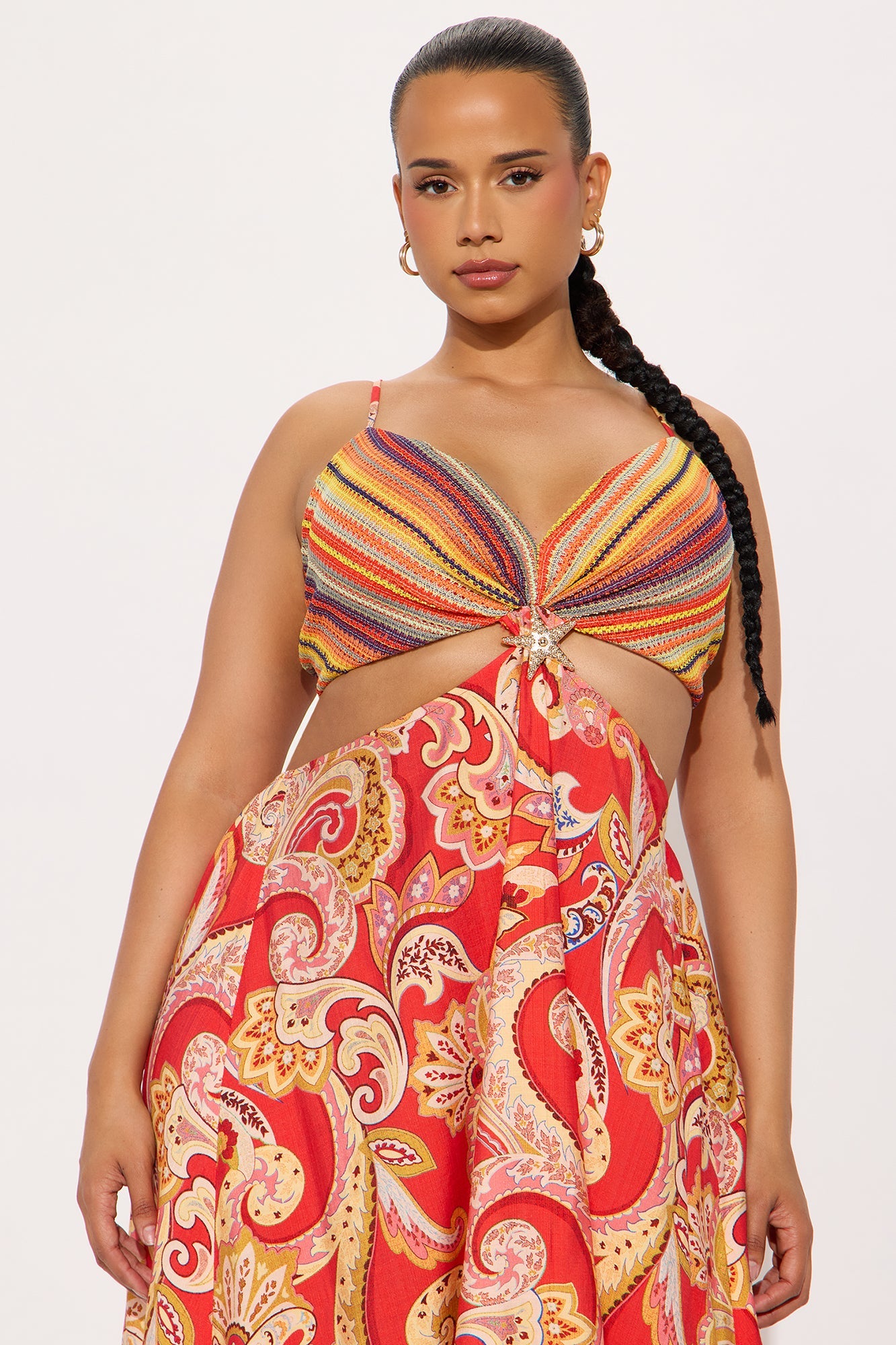 Valerie Cut Out Satin Maxi Dress - Tomato Red/combo