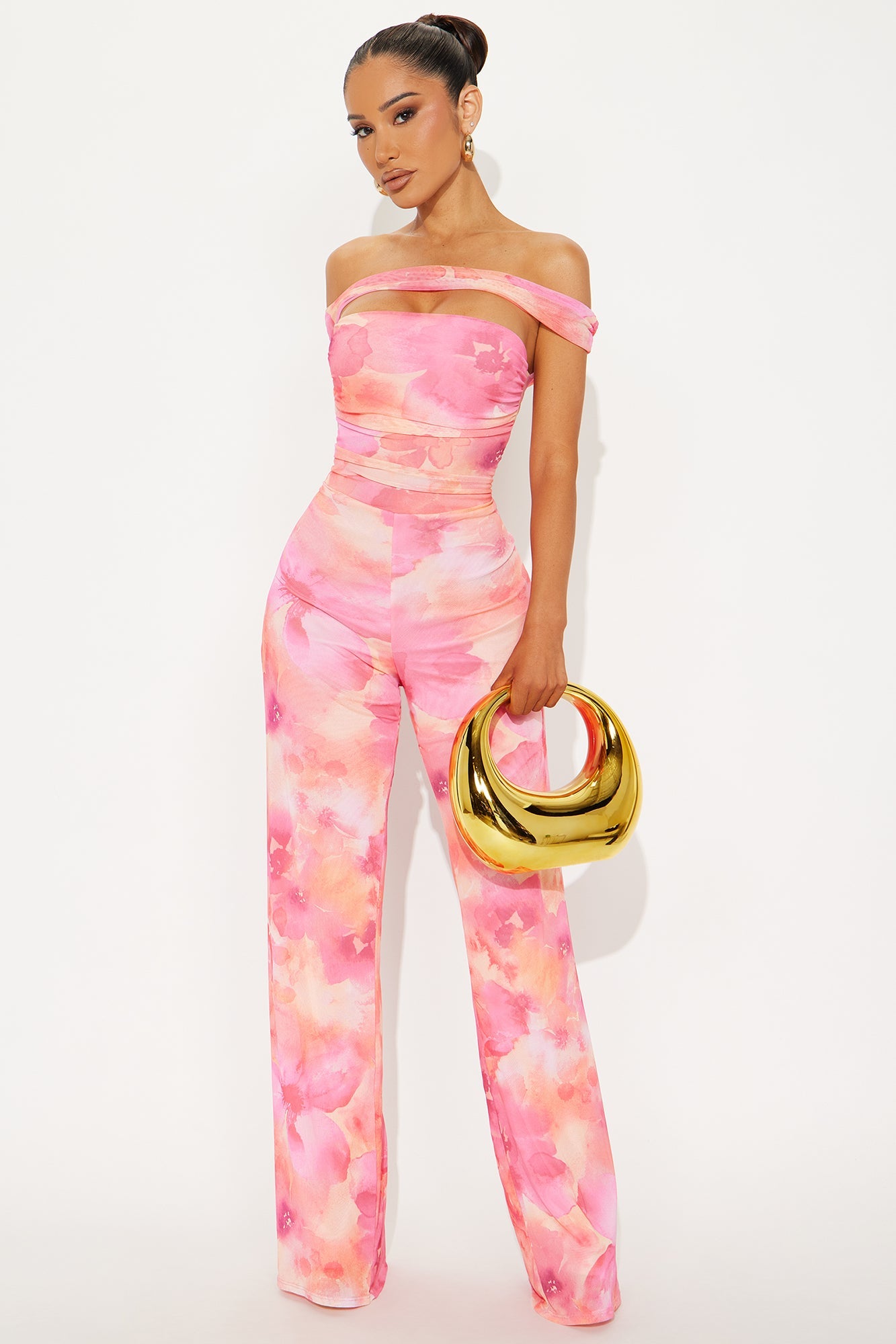Flower Girl Mesh Off Shoulder Jumpsuit - Pink/combo