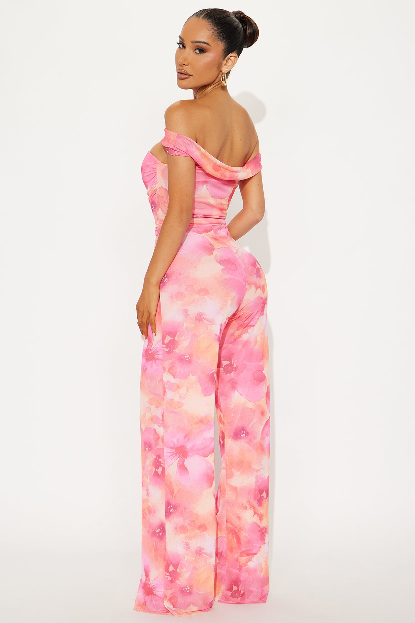 Flower Girl Mesh Off Shoulder Jumpsuit - Pink/combo