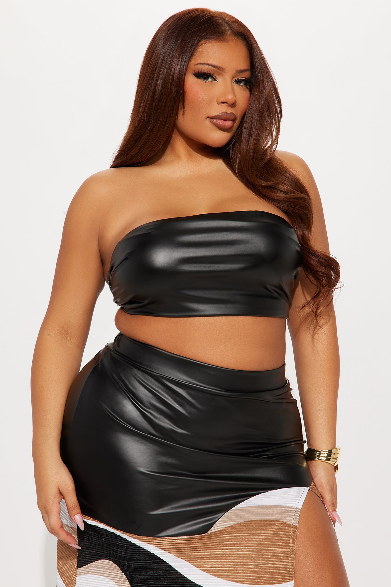 Cristy Faux Leather Maxi Skirt Set - Black/combo