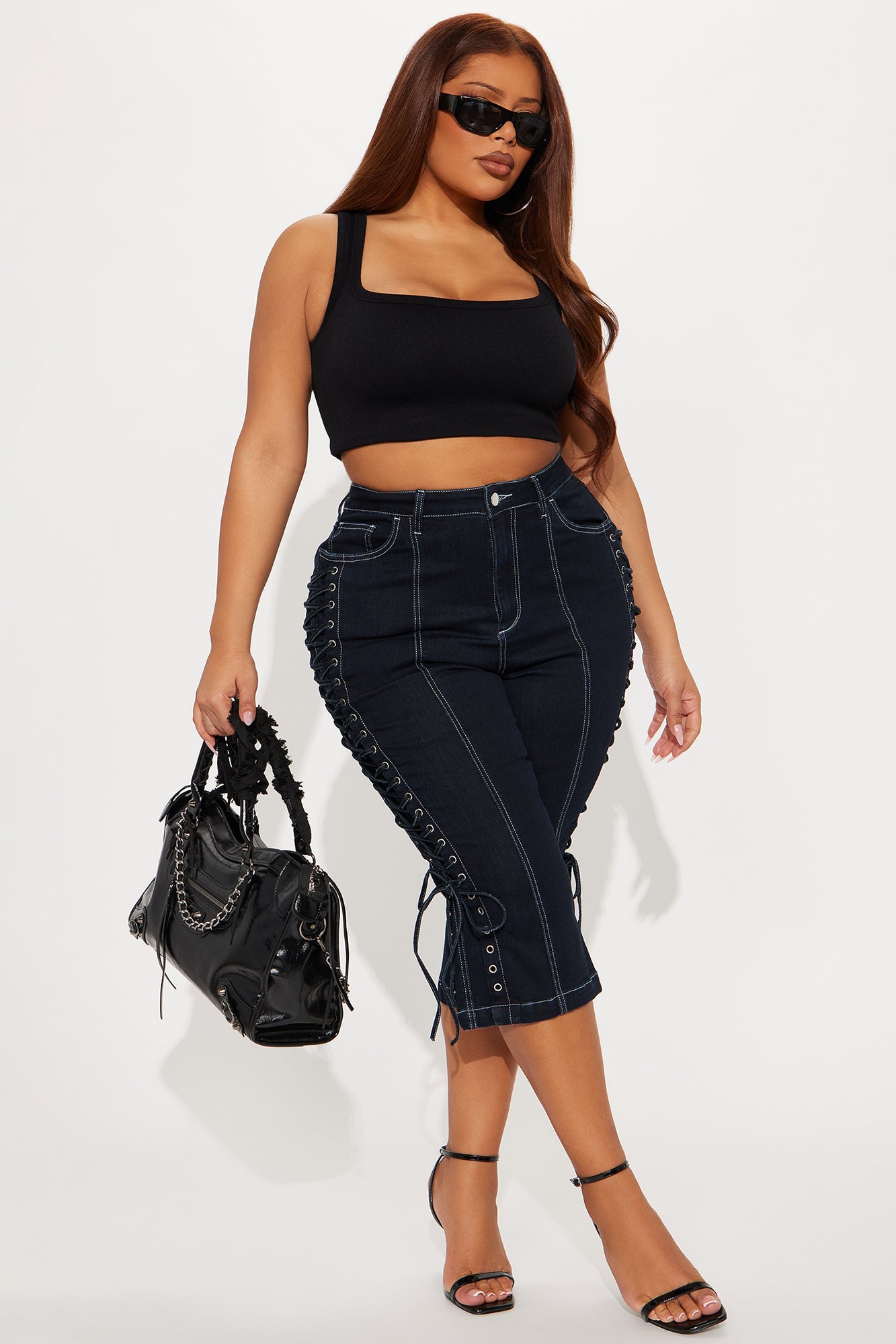 Laced Up Capri Kick Flare Jeans - Dark Wash