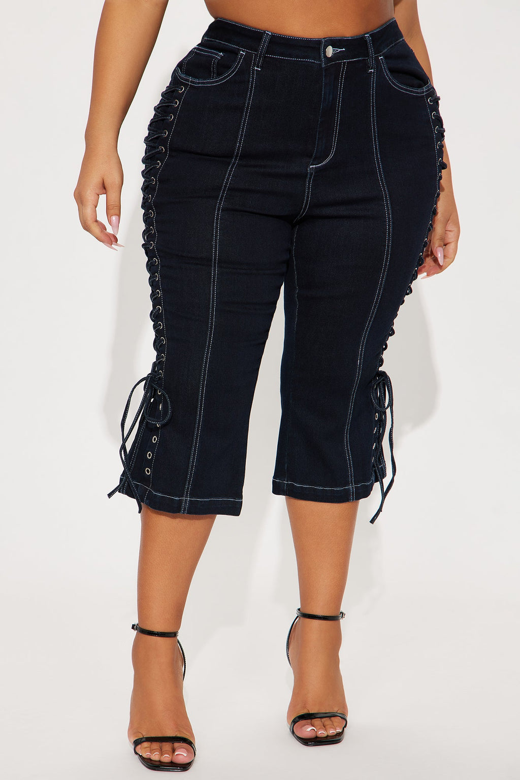 Laced Up Capri Kick Flare Jeans - Dark Wash