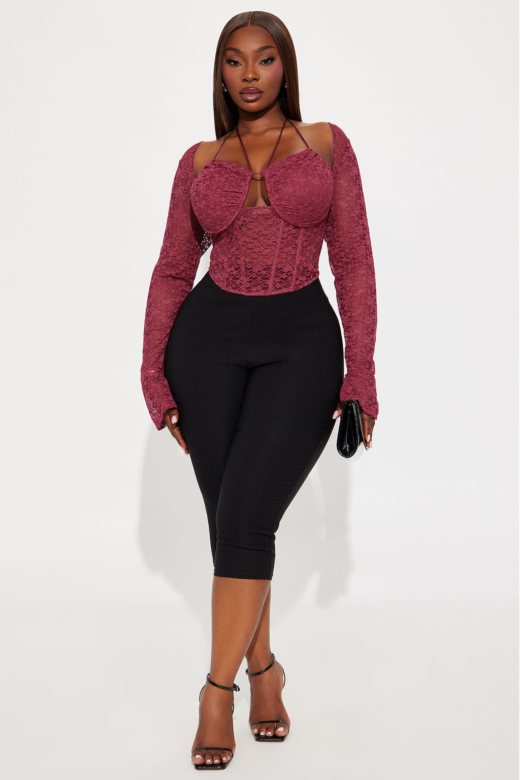 Evelyn Lace Long Sleeve Corset Top - Burgundy
