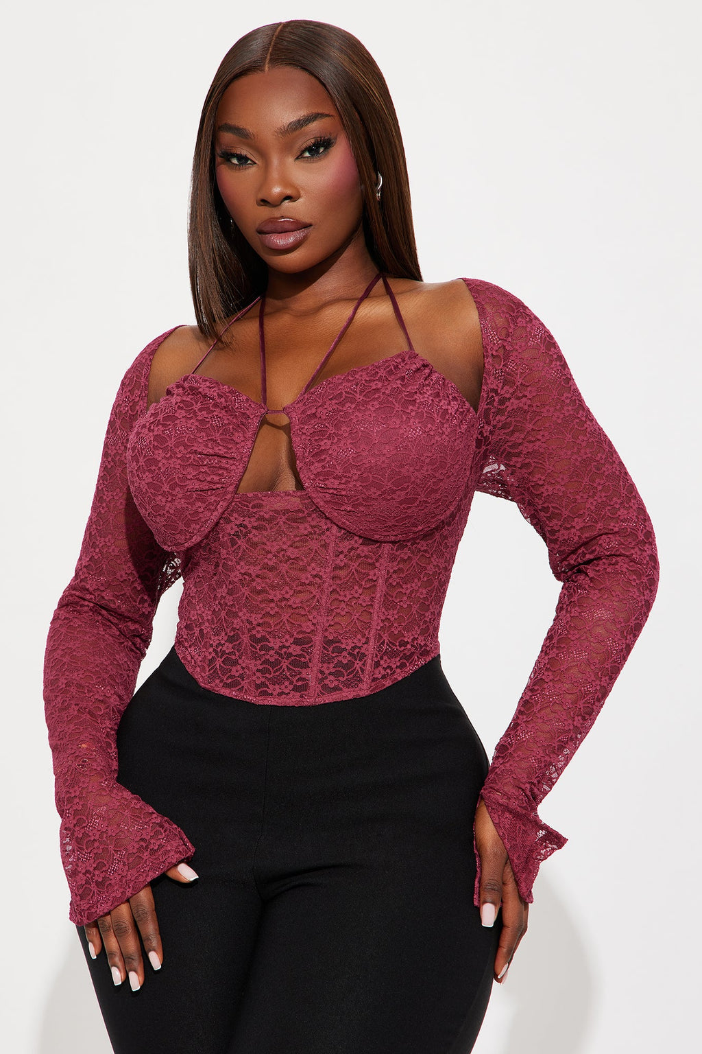 Evelyn Lace Long Sleeve Corset Top - Burgundy