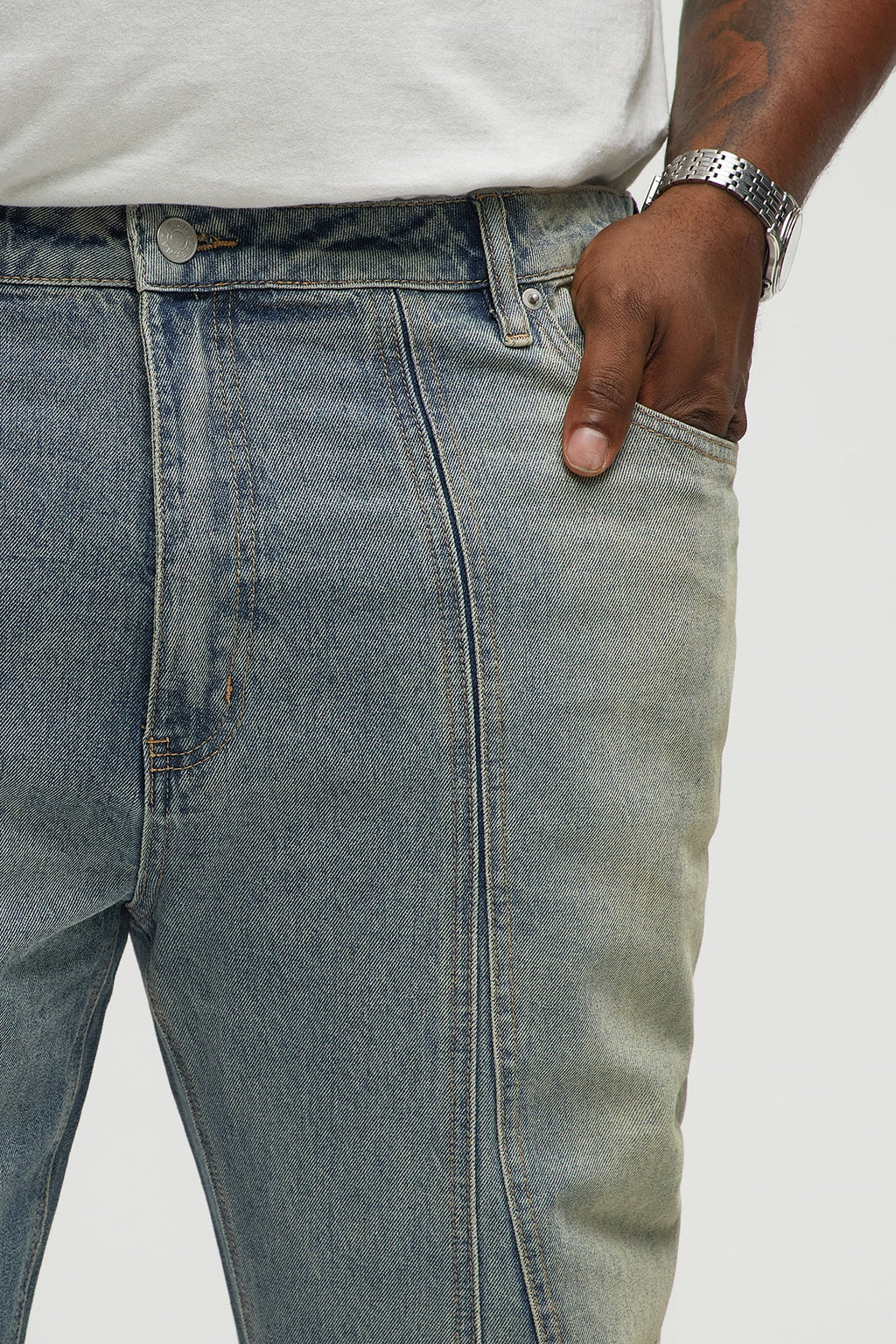 Up And Down Panel Slim Jeans - Vintage Blue Wash