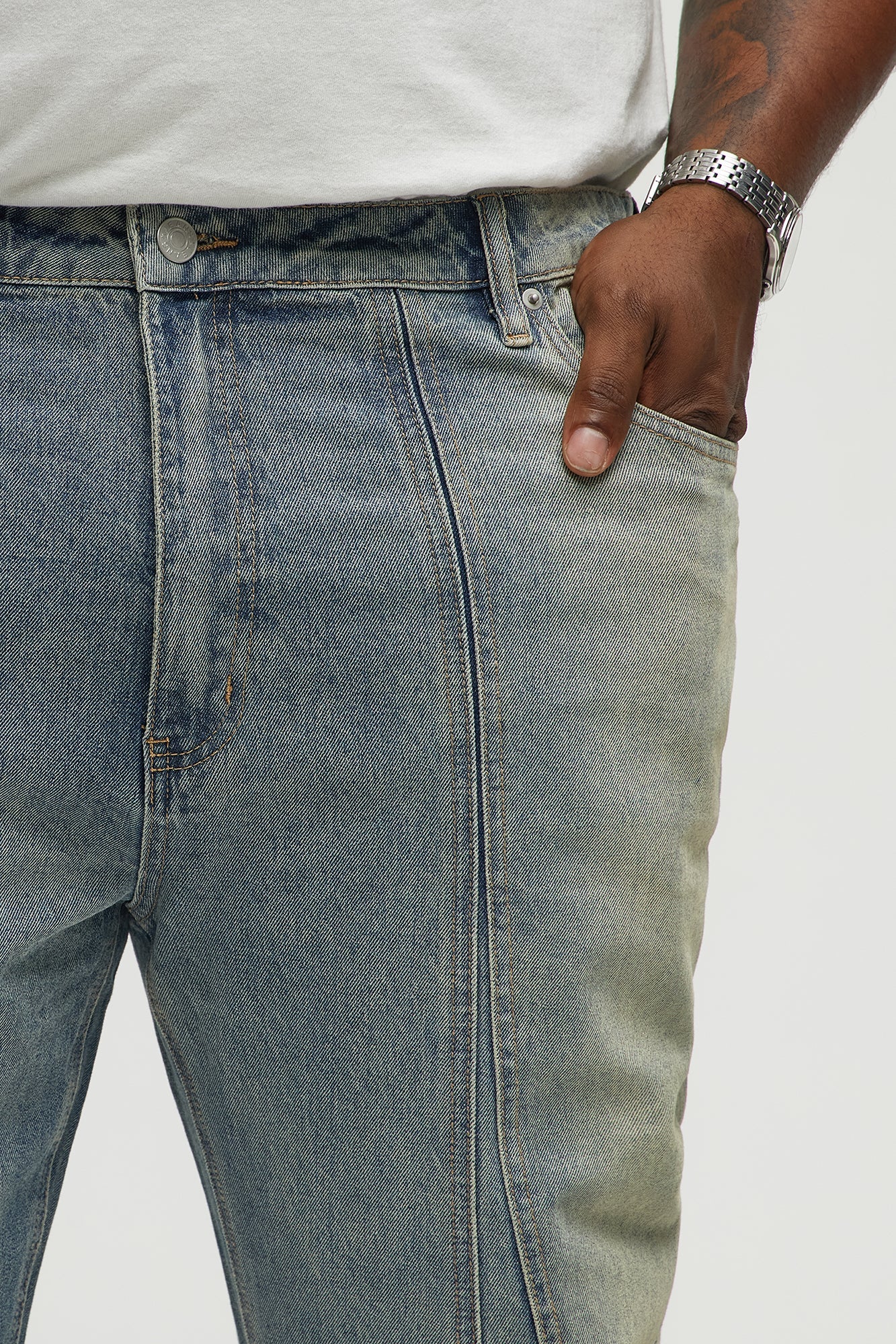 Up And Down Panel Slim Jeans - Vintage Blue Wash