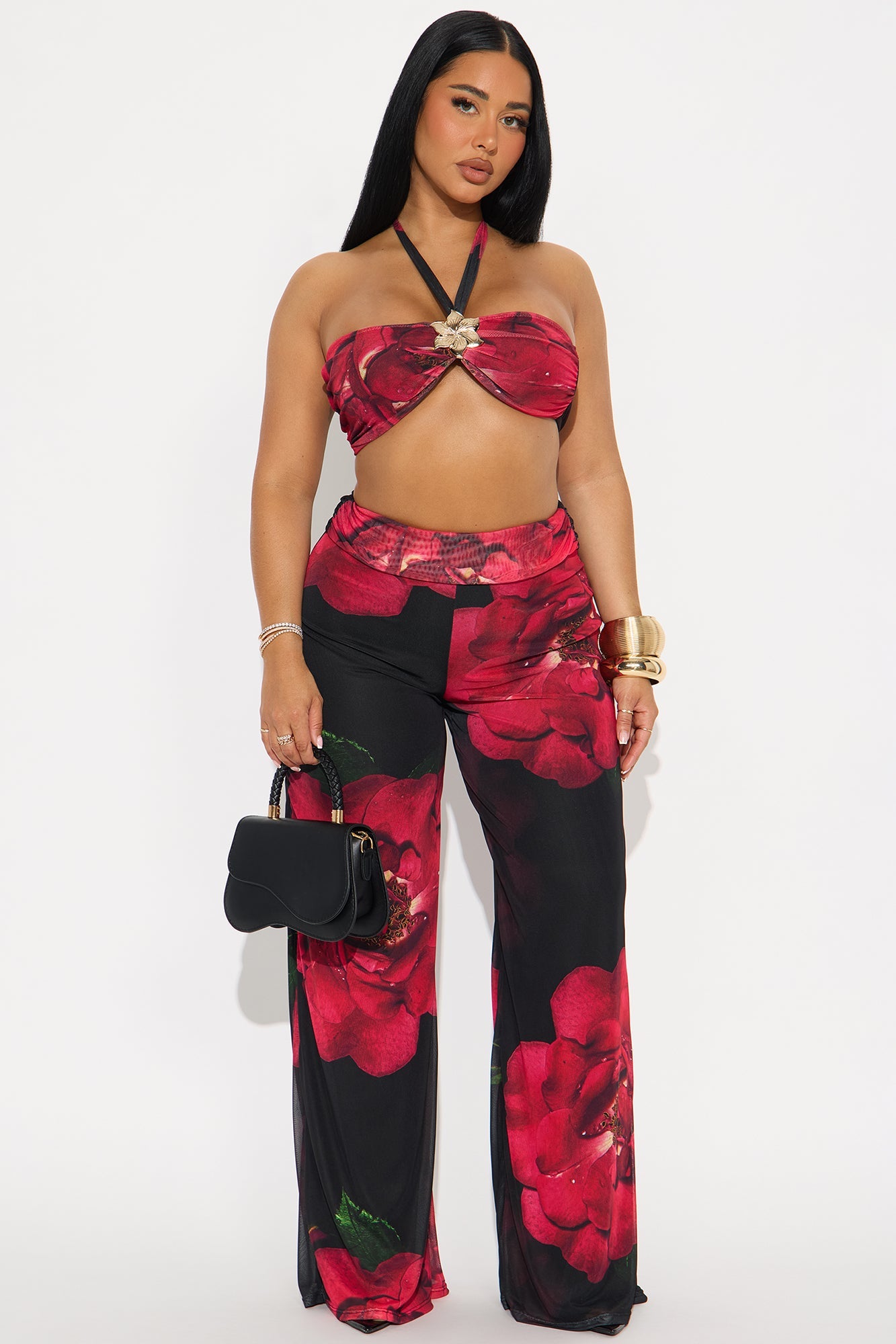 Rosalia Mesh Floral Halter Pant Set - Black/combo