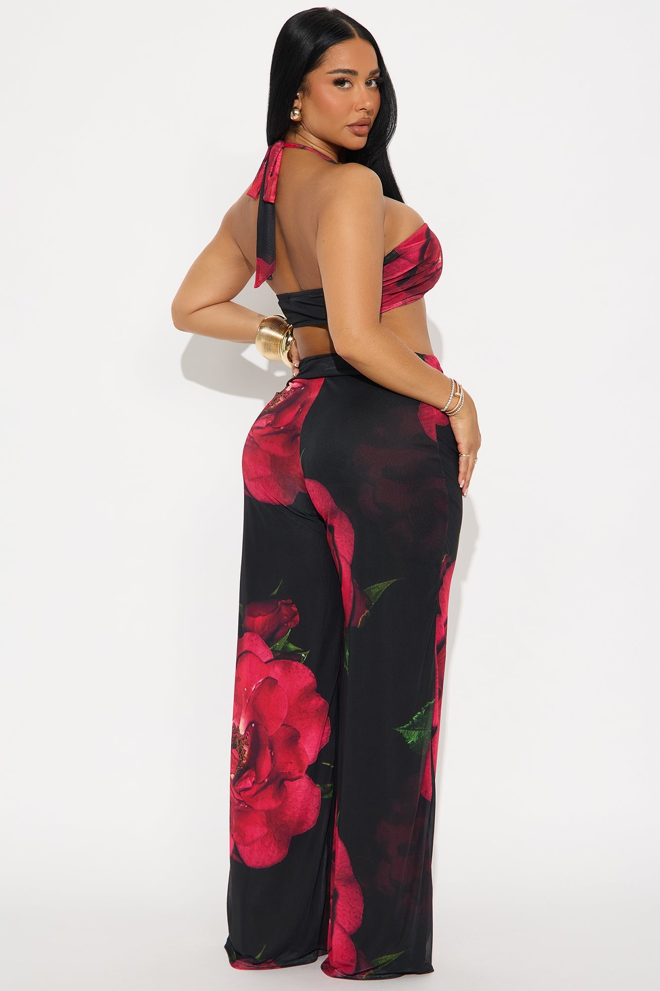 Rosalia Mesh Floral Halter Pant Set - Black/combo
