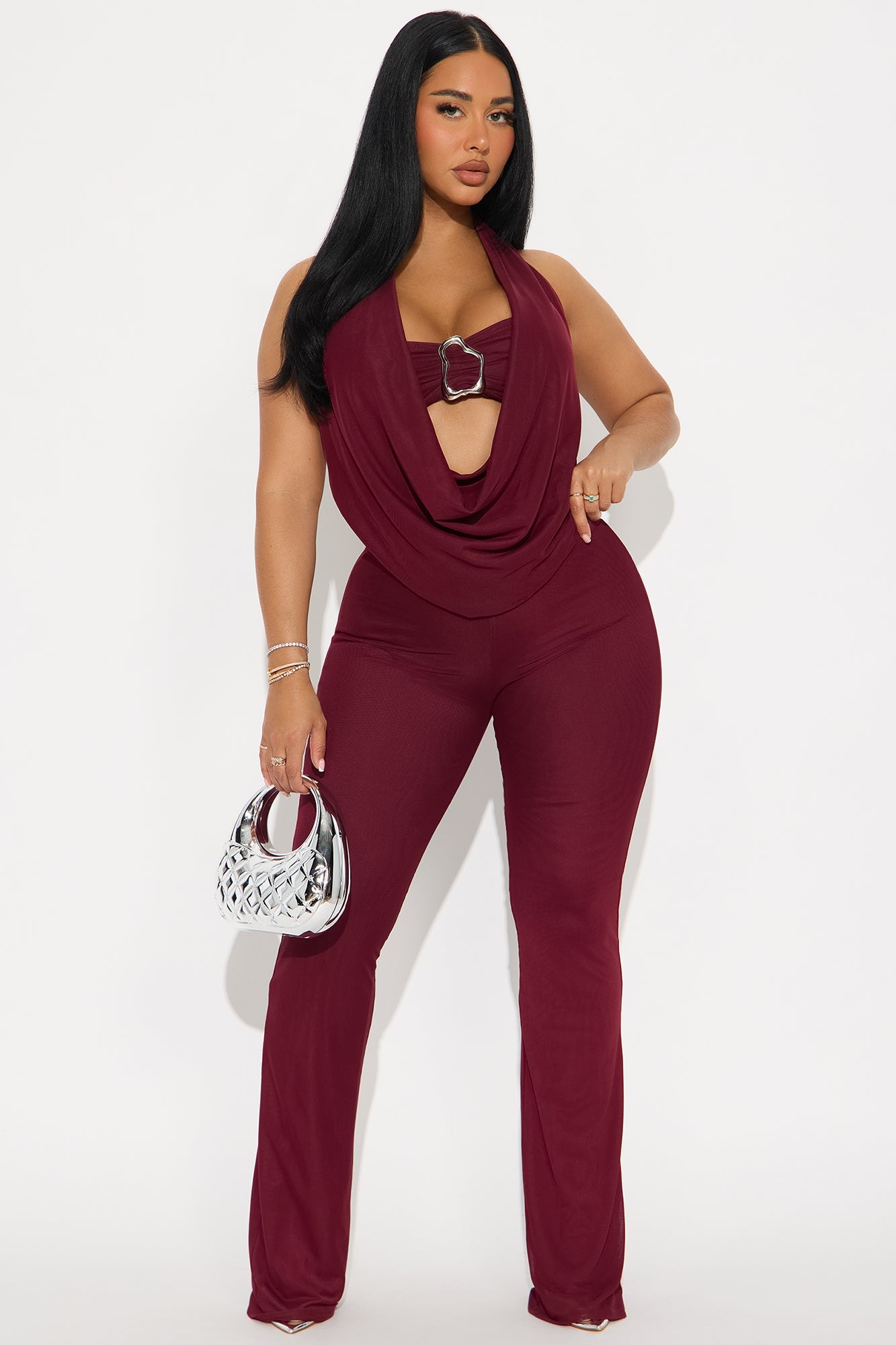 Make It Yours Mesh 3 Piece Pant Set - Burgundy